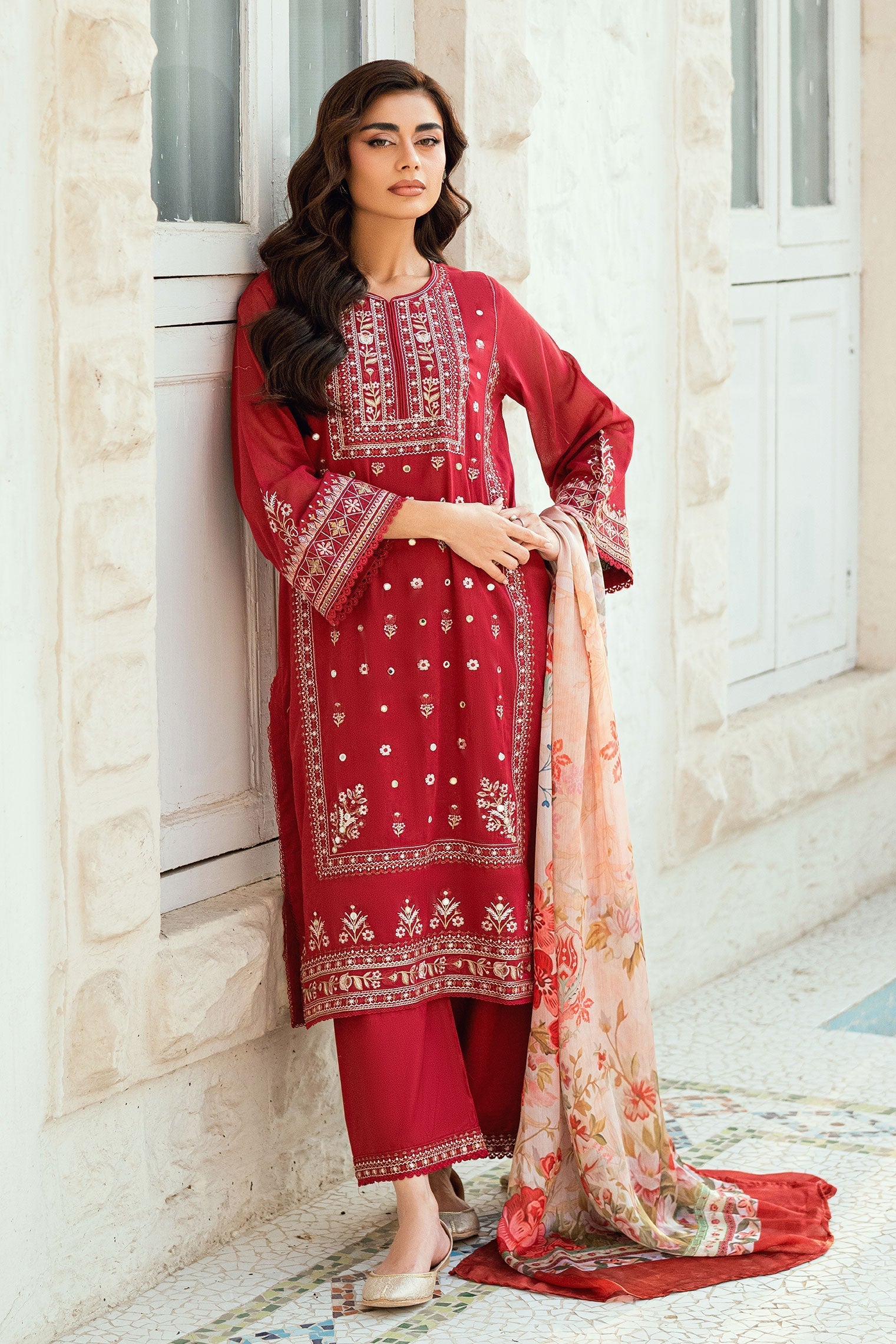 Dhanak | SWISS VOILE | RED SWISS VOILE 2PCS EMBROIDERED KURTA WITH TROUSER