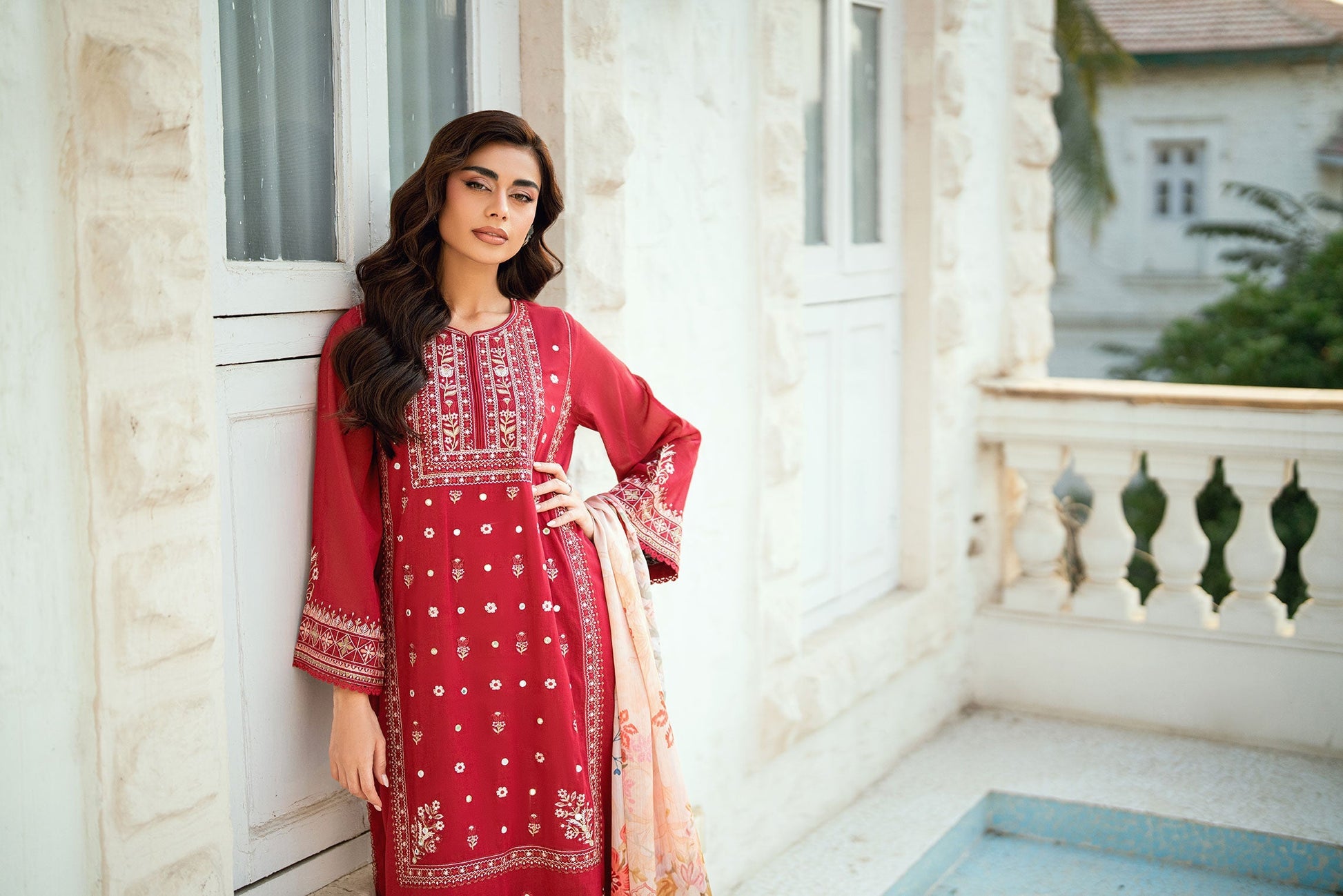 Dhanak | SWISS VOILE | RED SWISS VOILE 2PCS EMBROIDERED KURTA WITH TROUSER