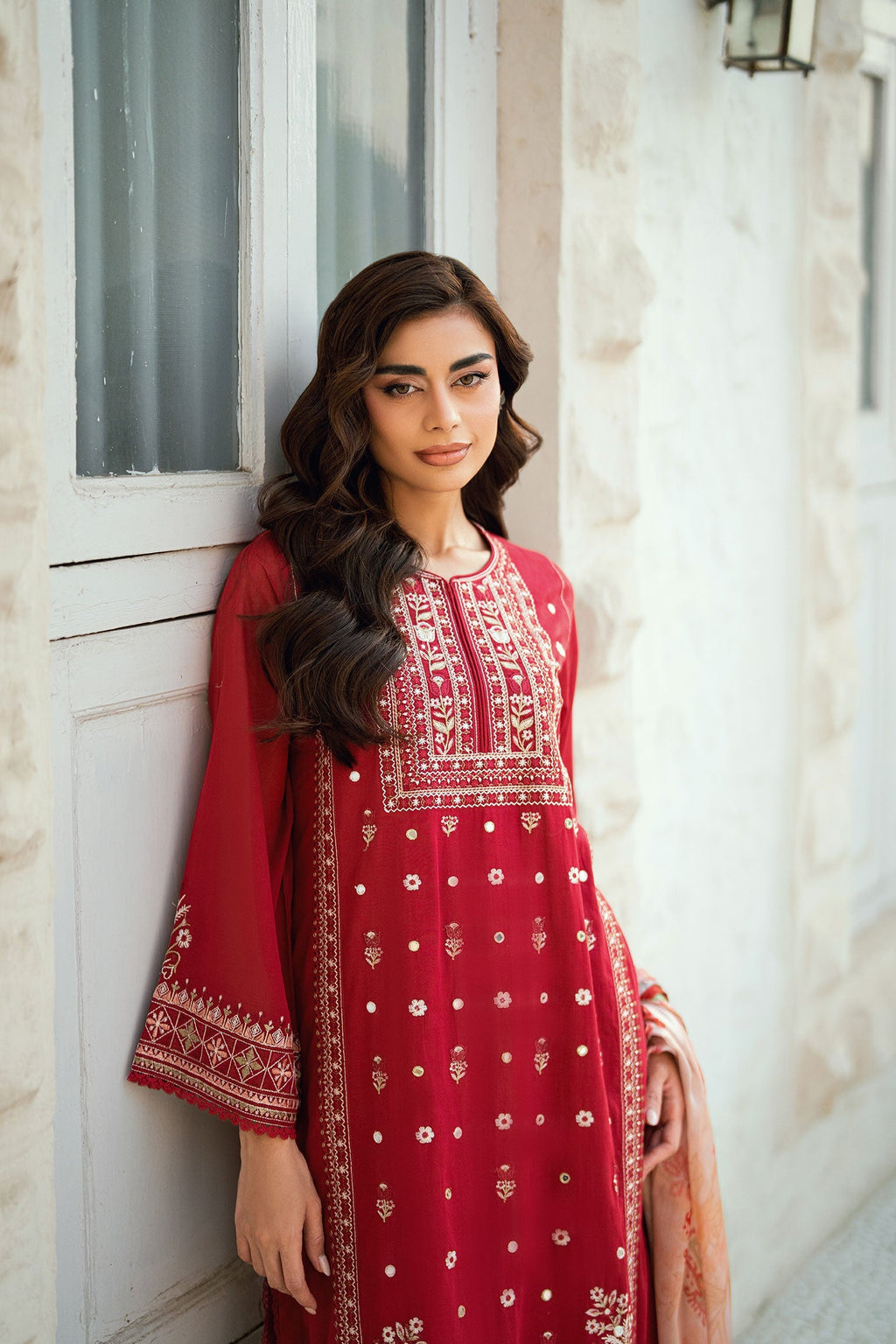 Dhanak | SWISS VOILE | RED SWISS VOILE 2PCS EMBROIDERED KURTA WITH TROUSER
