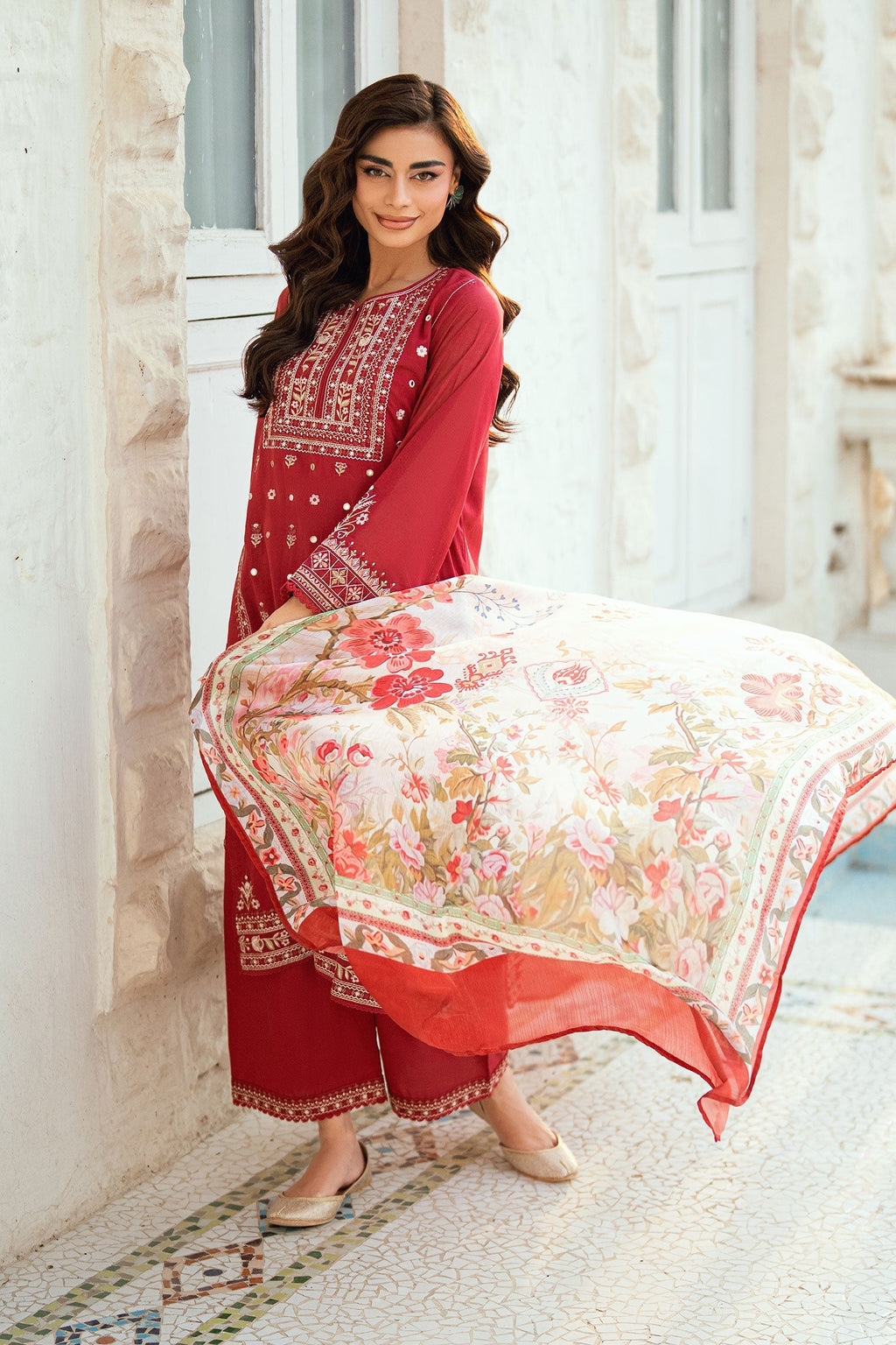 Dhanak | SWISS VOILE | RED SWISS VOILE 2PCS EMBROIDERED KURTA WITH TROUSER