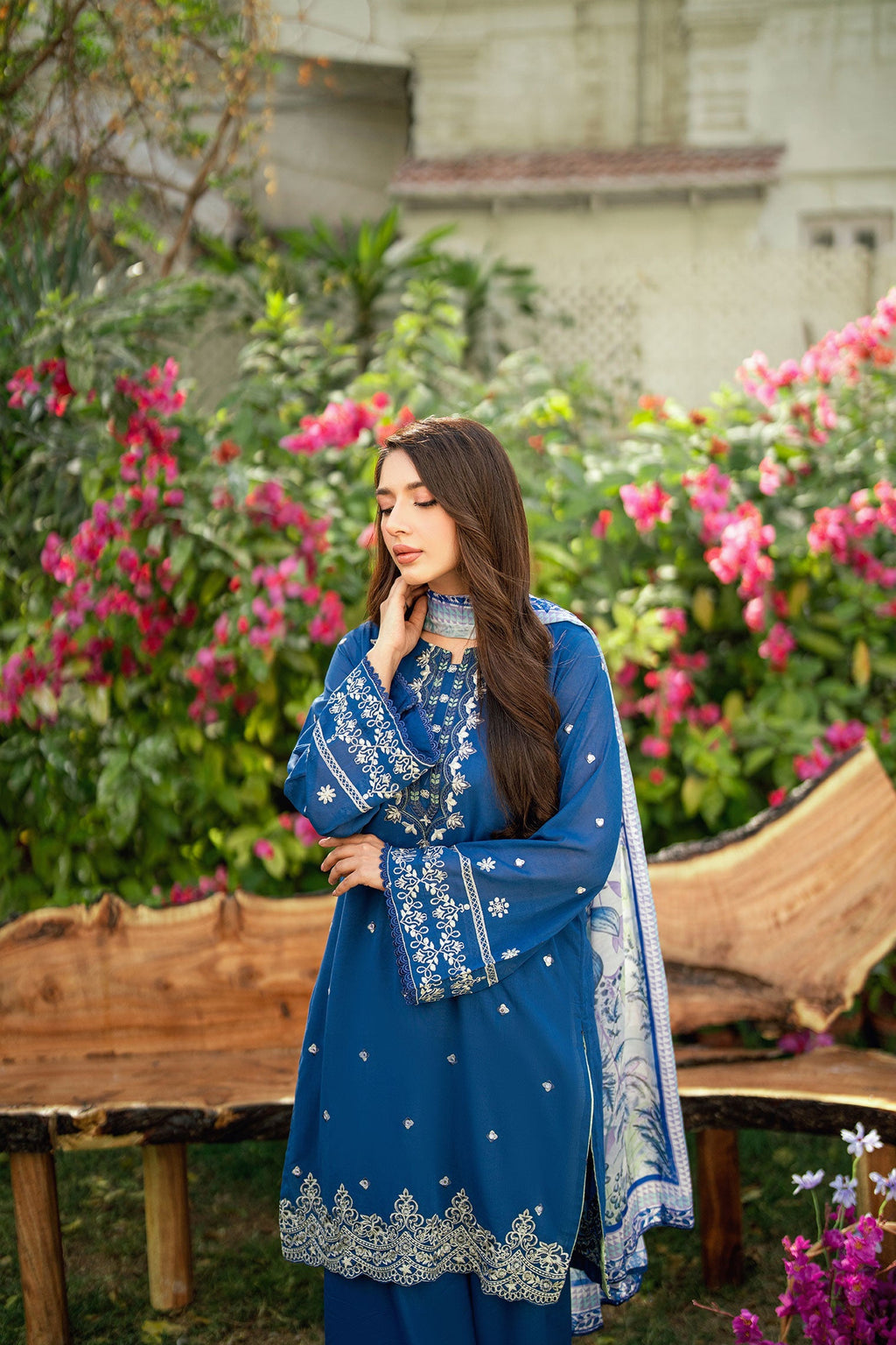 Dhanak | SWISS VOILE | NAVY BLUE SWISS VOILE 2PCS EMBROIDERED KURTA WITH TROUSER