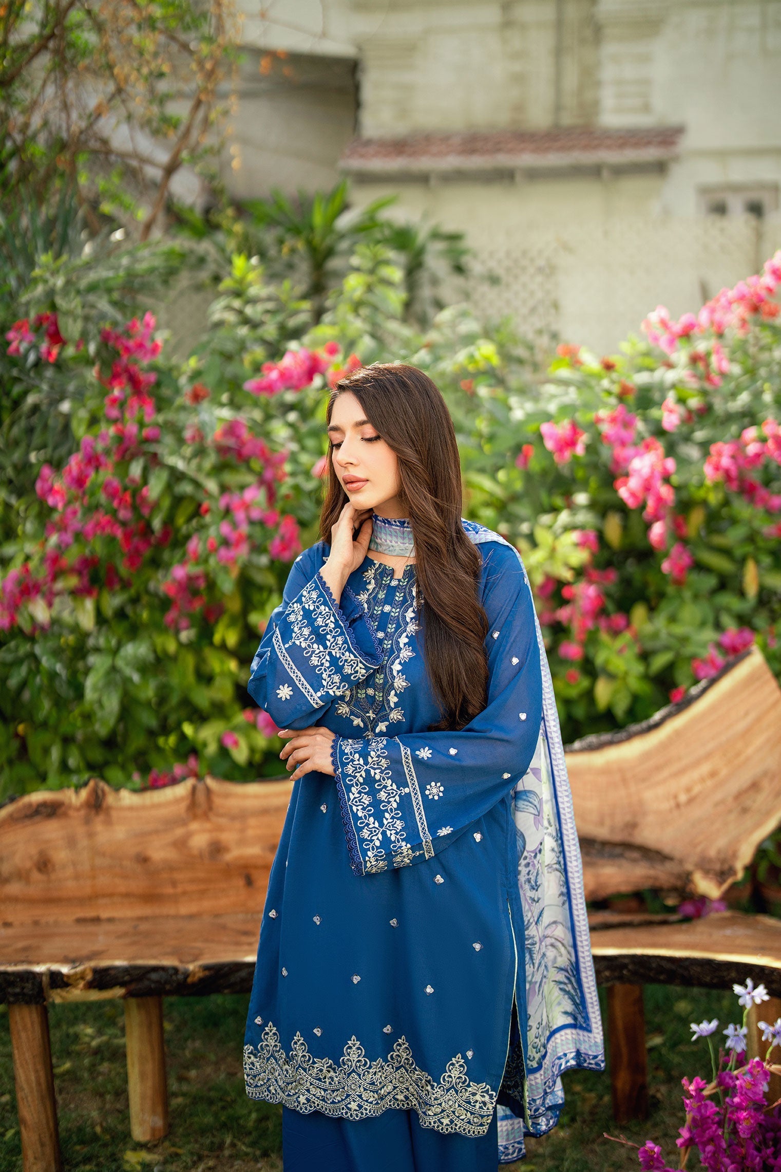 Dhanak | SWISS VOILE | NAVY BLUE SWISS VOILE 2PCS EMBROIDERED KURTA WITH TROUSER