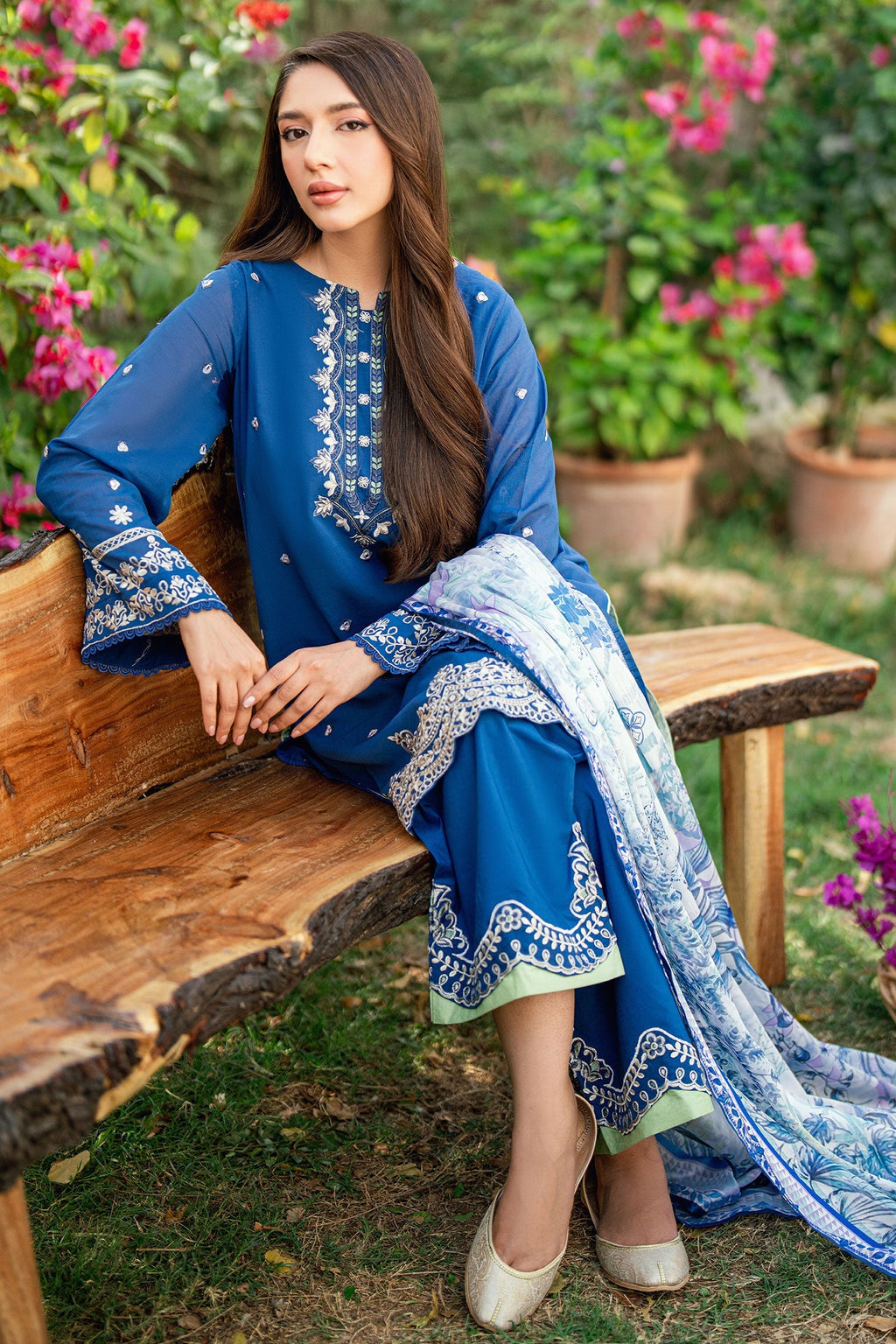 Dhanak | SWISS VOILE | NAVY BLUE SWISS VOILE 2PCS EMBROIDERED KURTA WITH TROUSER