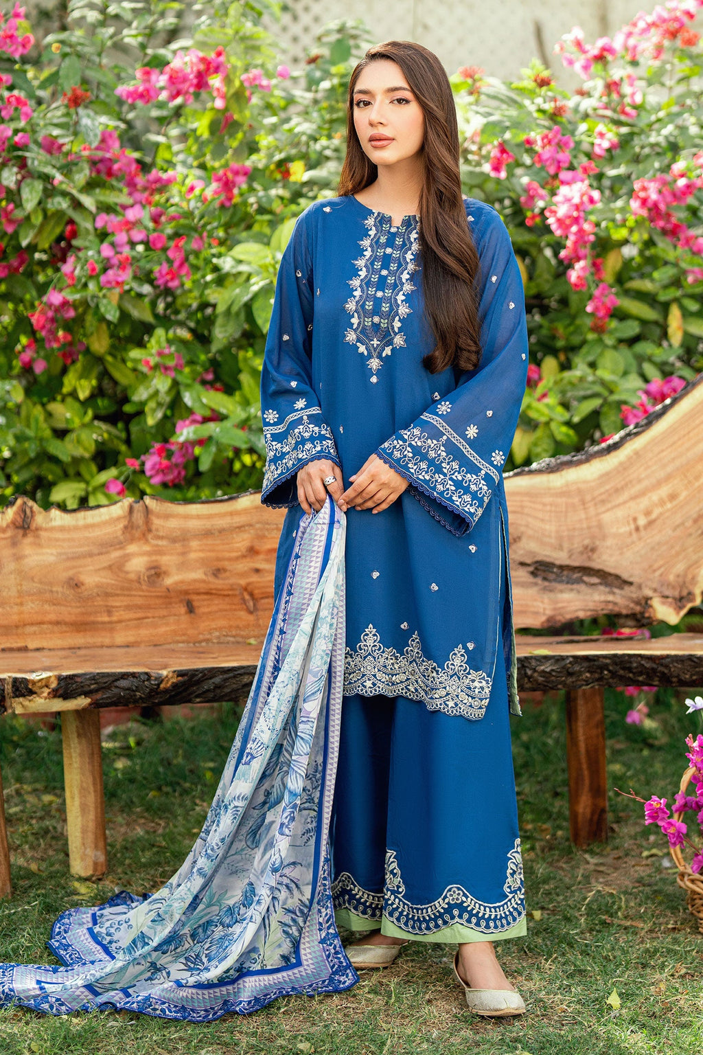 Dhanak | SWISS VOILE | NAVY BLUE SWISS VOILE 2PCS EMBROIDERED KURTA WITH TROUSER