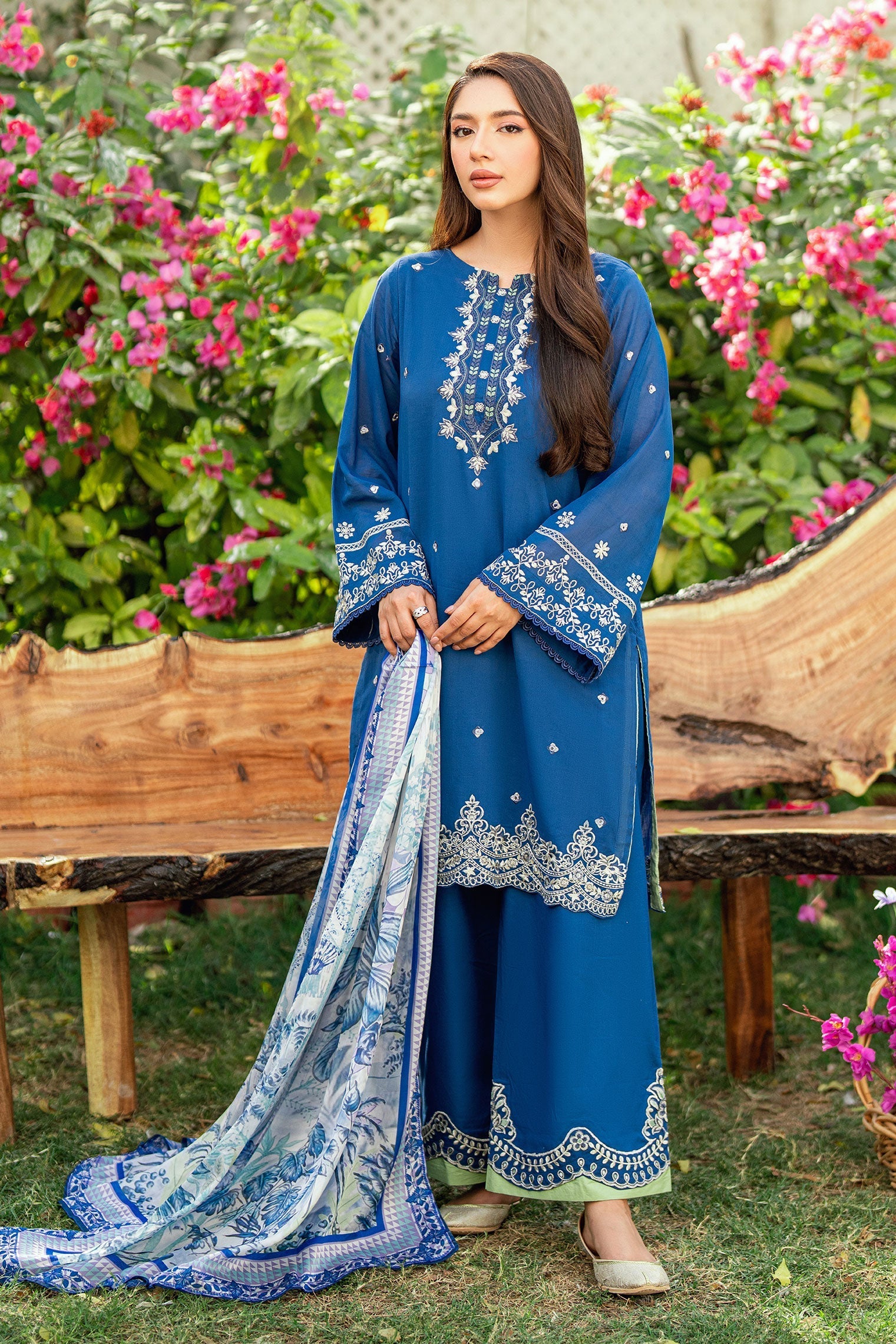 Dhanak | SWISS VOILE | NAVY BLUE SWISS VOILE 2PCS EMBROIDERED KURTA WITH TROUSER