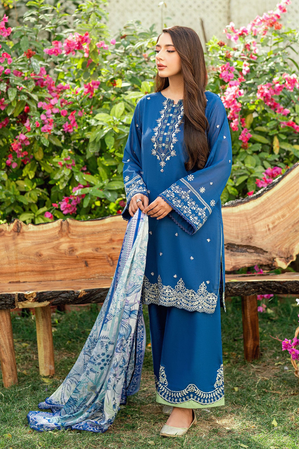 Dhanak | SWISS VOILE | NAVY BLUE SWISS VOILE 2PCS EMBROIDERED KURTA WITH TROUSER