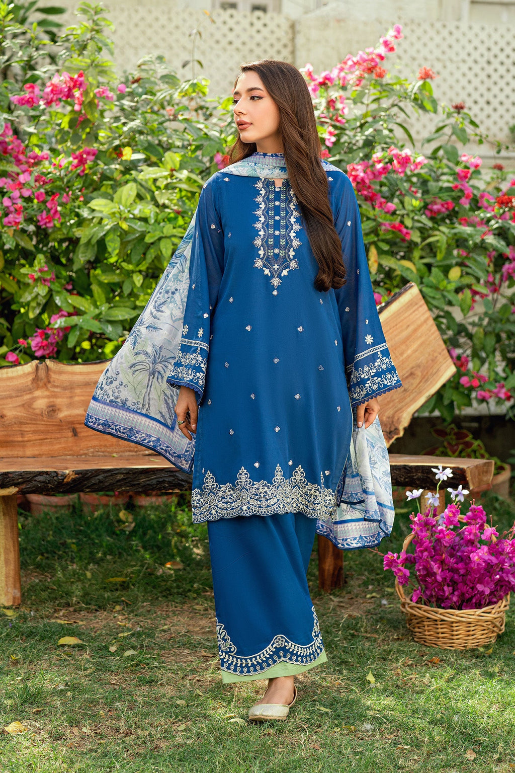 Dhanak | SWISS VOILE | NAVY BLUE SWISS VOILE 2PCS EMBROIDERED KURTA WITH TROUSER