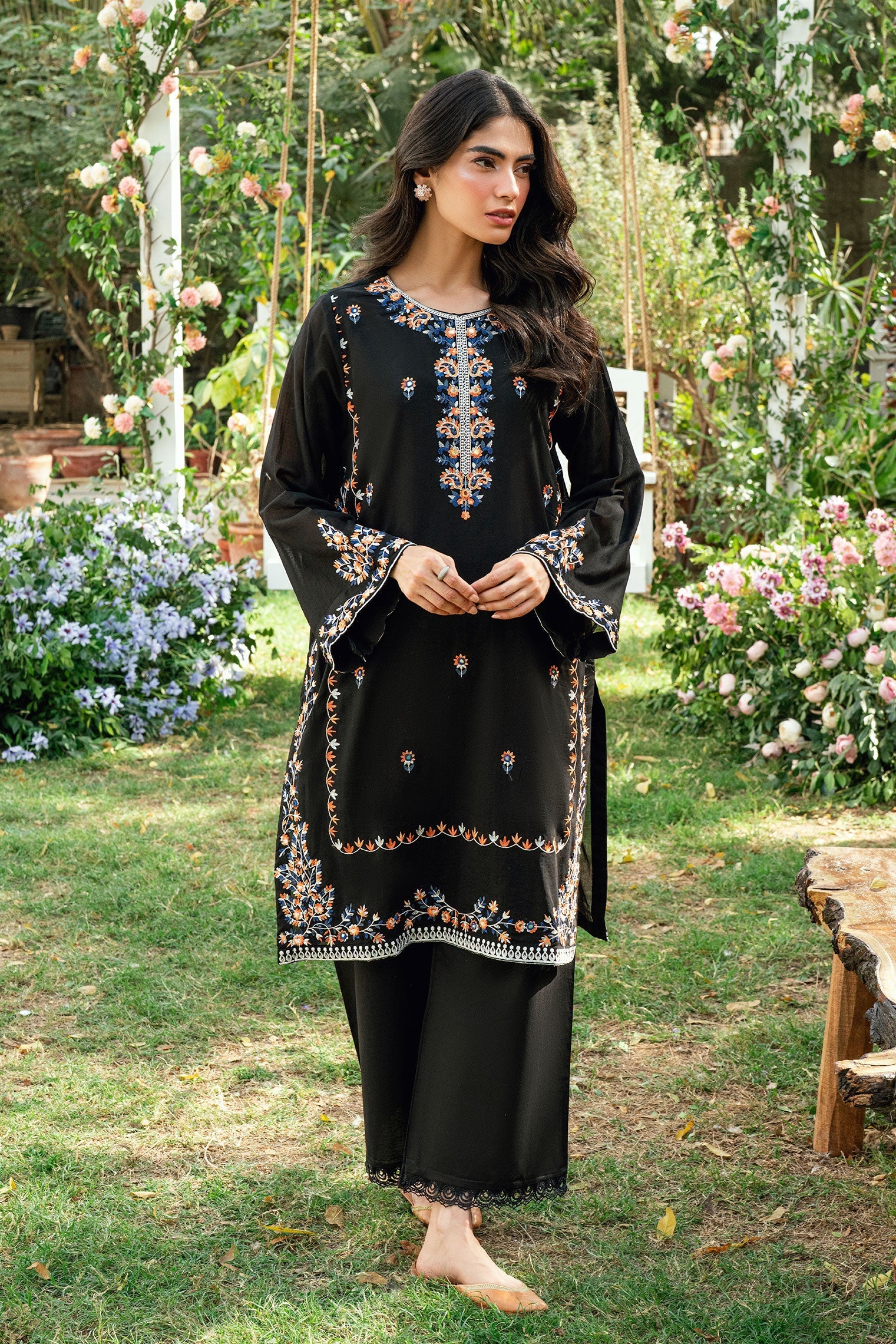 Dhanak | SWISS VOILE | BLACK SWISS VOILE 2PCS EMBROIDERED KURTA WITH TROUSER