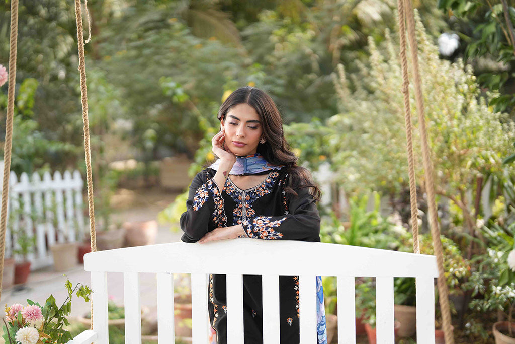 Dhanak | SWISS VOILE | BLACK SWISS VOILE 2PCS EMBROIDERED KURTA WITH TROUSER