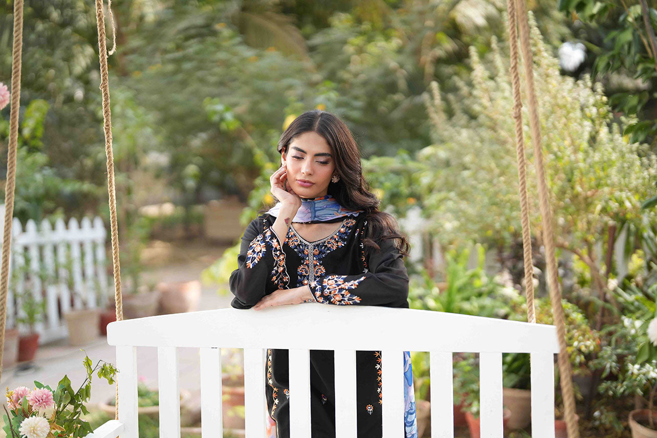 Dhanak | SWISS VOILE | BLACK SWISS VOILE 2PCS EMBROIDERED KURTA WITH TROUSER