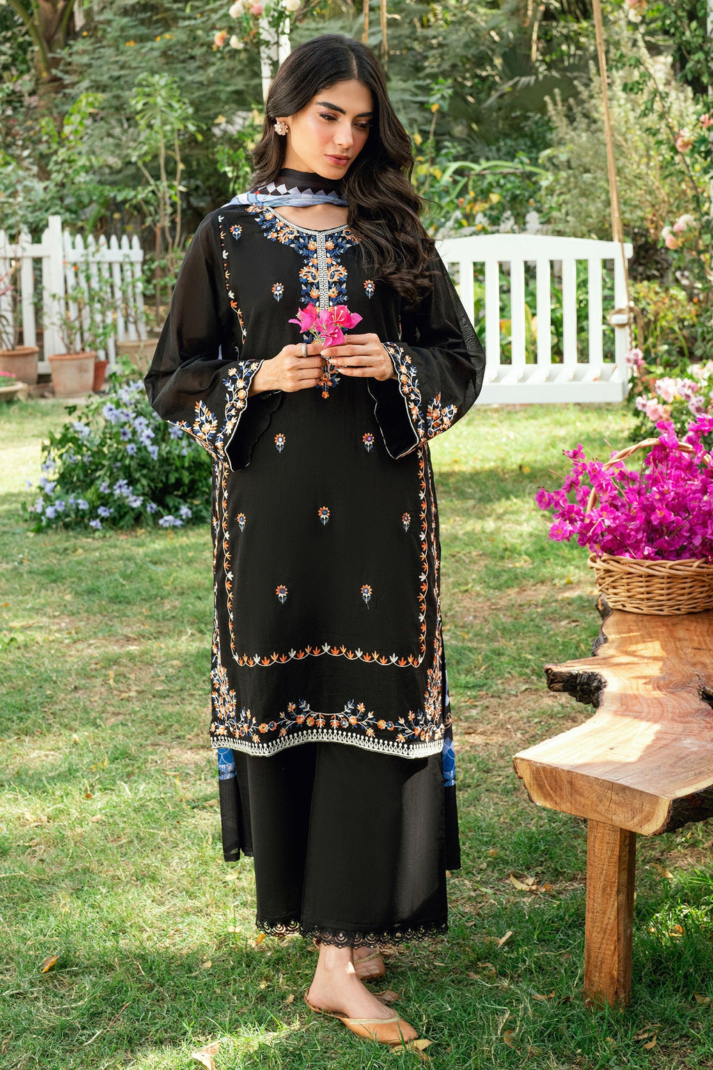 Dhanak | SWISS VOILE | BLACK SWISS VOILE 2PCS EMBROIDERED KURTA WITH TROUSER
