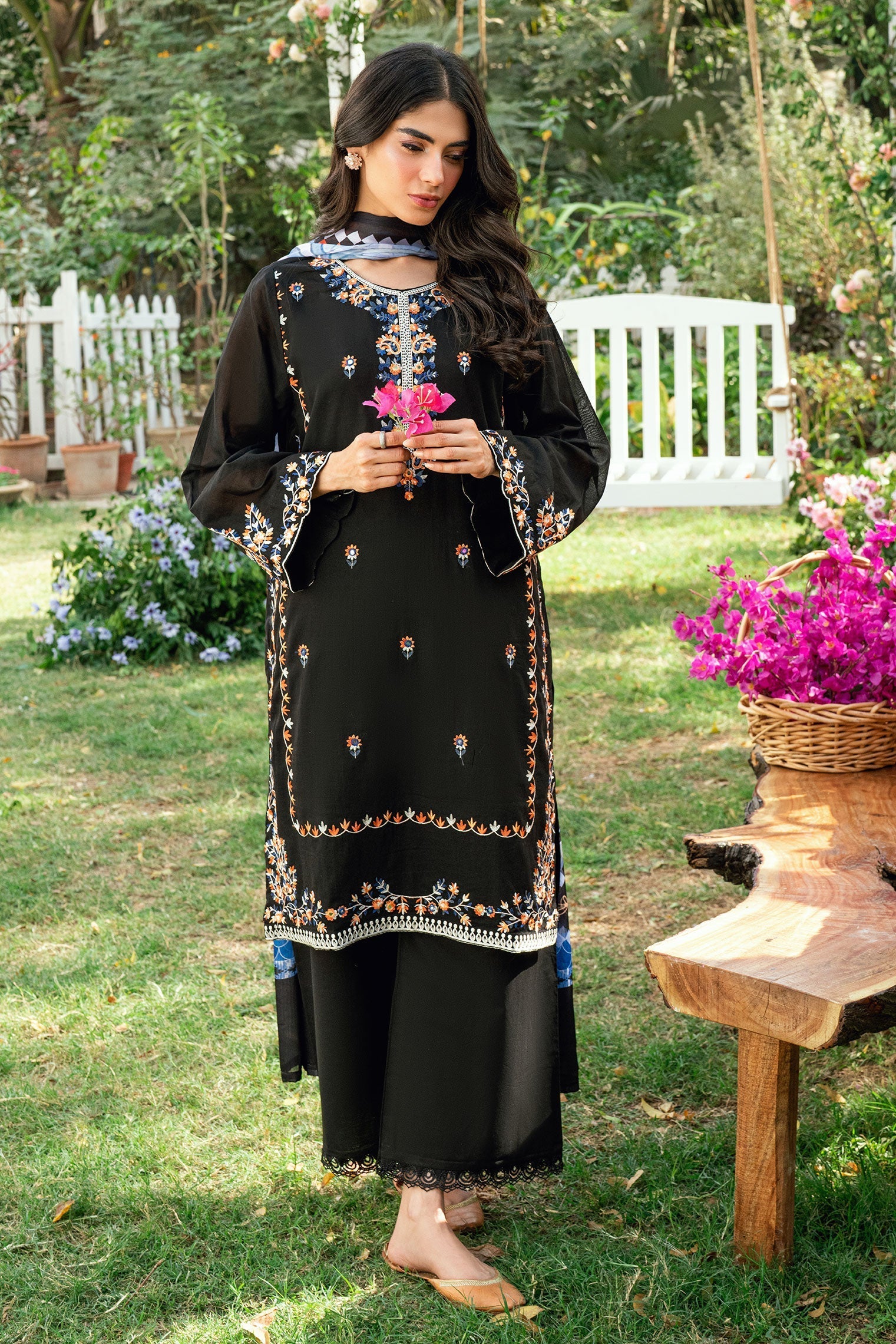 Dhanak | SWISS VOILE | BLACK SWISS VOILE 2PCS EMBROIDERED KURTA WITH TROUSER