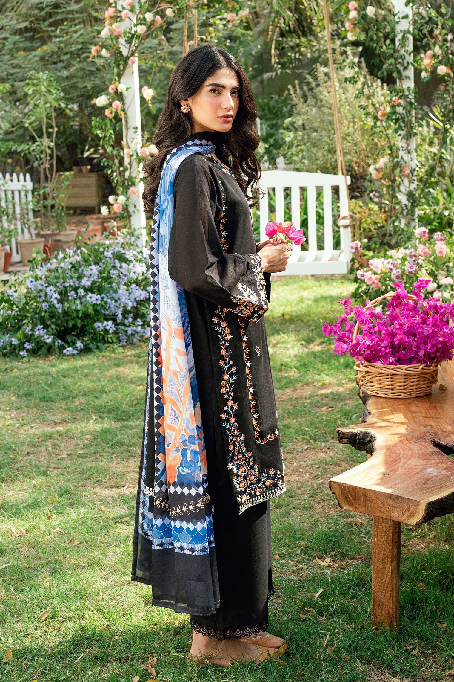 Dhanak | SWISS VOILE | BLACK SWISS VOILE 2PCS EMBROIDERED KURTA WITH TROUSER