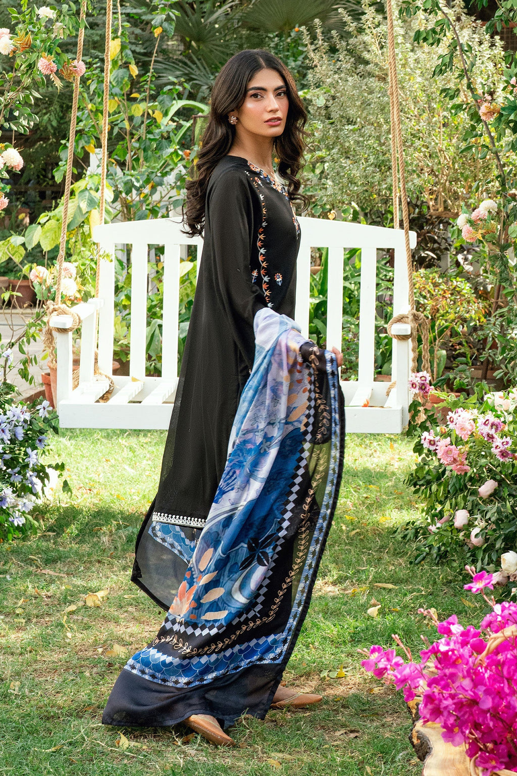 Dhanak | SWISS VOILE | BLACK SWISS VOILE 2PCS EMBROIDERED KURTA WITH TROUSER
