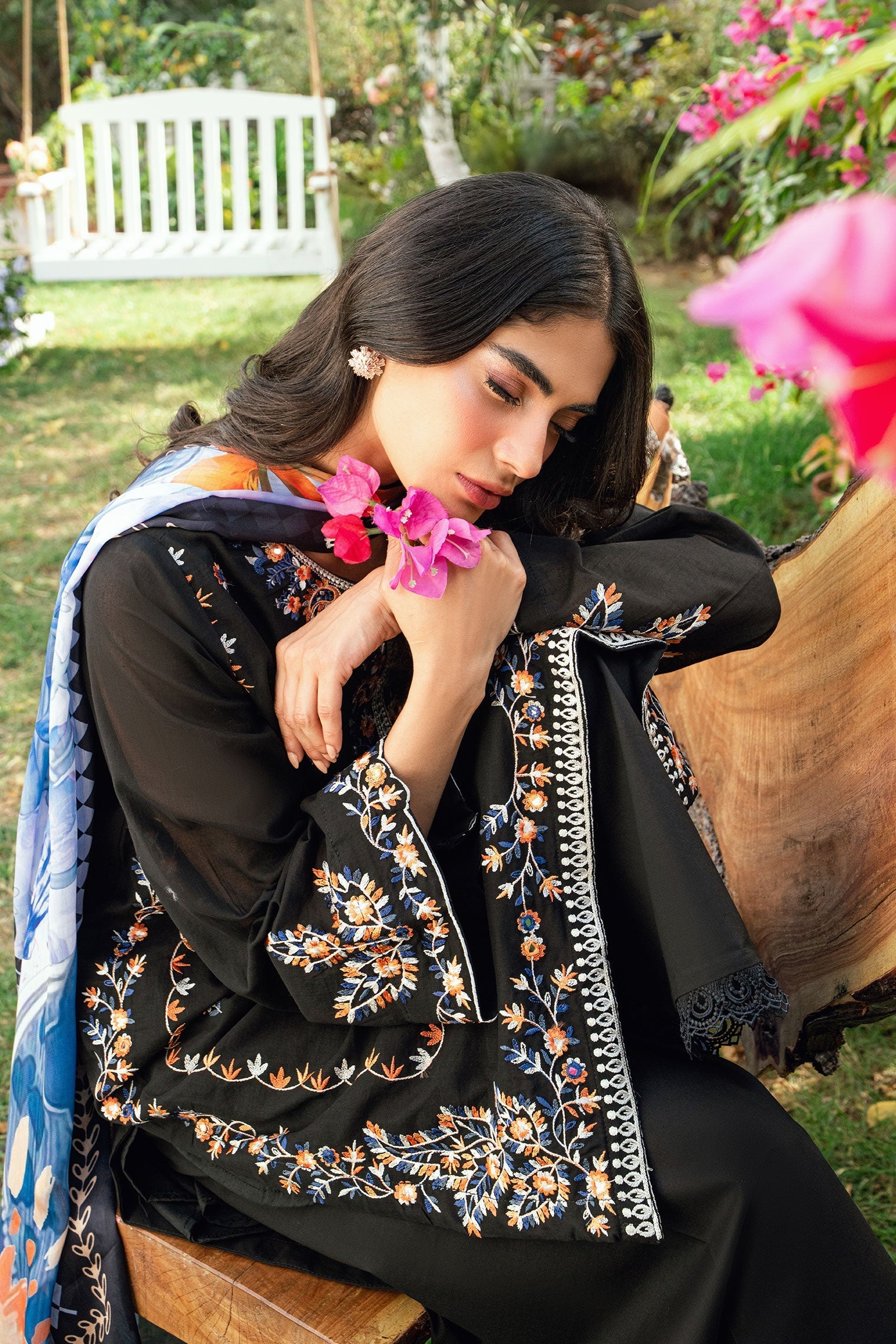 Dhanak | SWISS VOILE | BLACK SWISS VOILE 2PCS EMBROIDERED KURTA WITH TROUSER