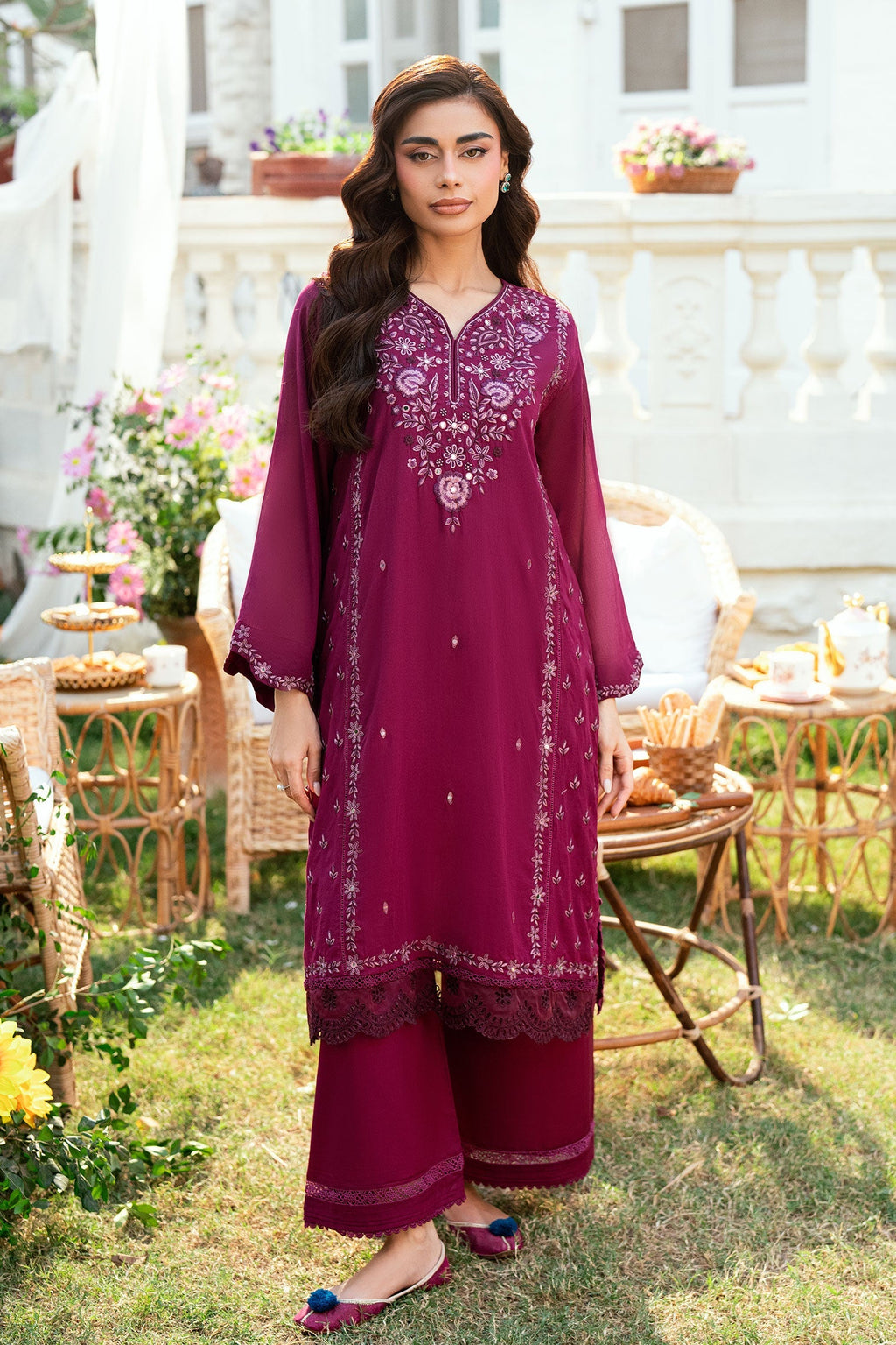 Dhanak | SWISS VOILE | MAGENTA SWISS VOILE 2PCS EMBROIDERED KURTA WITH TROUSER