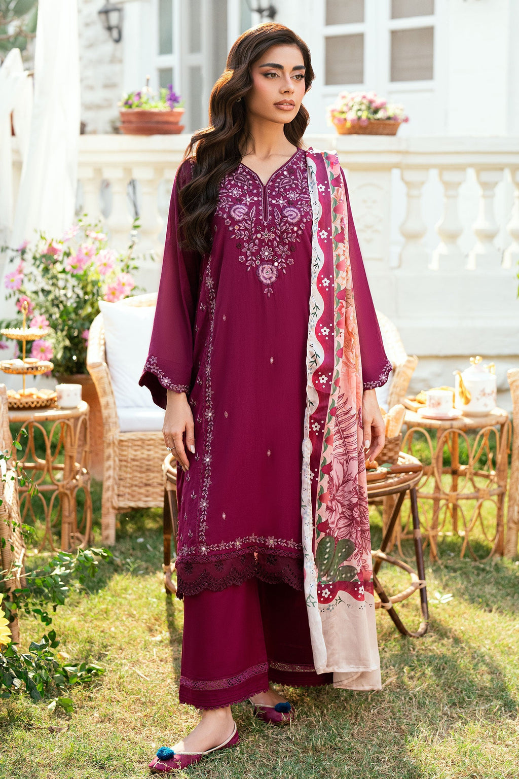 Dhanak | SWISS VOILE | MAGENTA SWISS VOILE 2PCS EMBROIDERED KURTA WITH TROUSER