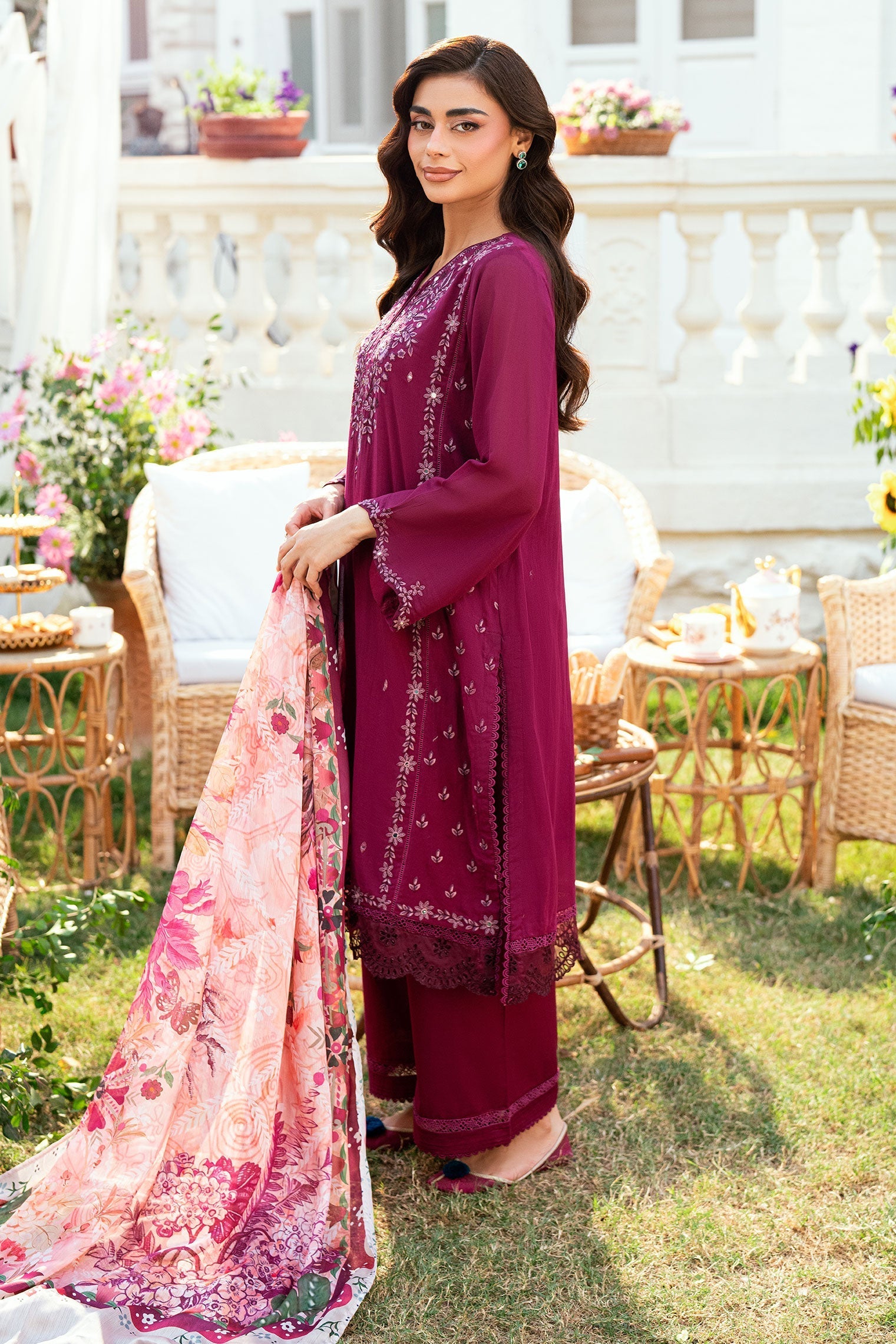 Dhanak | SWISS VOILE | MAGENTA SWISS VOILE 2PCS EMBROIDERED KURTA WITH TROUSER