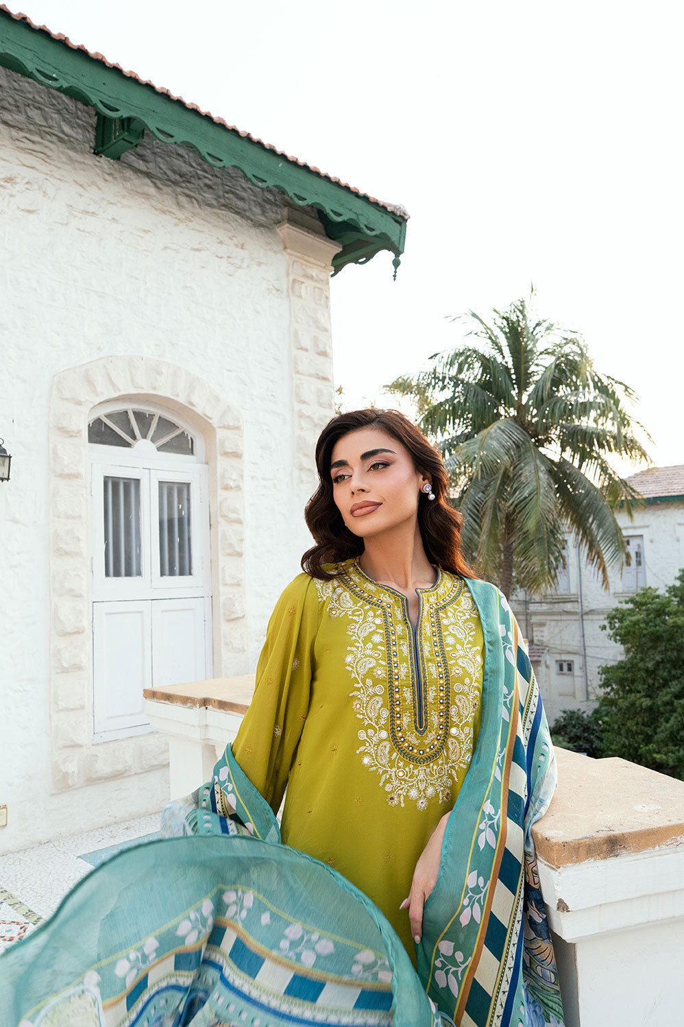 Dhanak | SWISS VOILE | OLIVE GREEN SWISS VOILE 2PCS EMBROIDERED KURTA WITH TROUSER