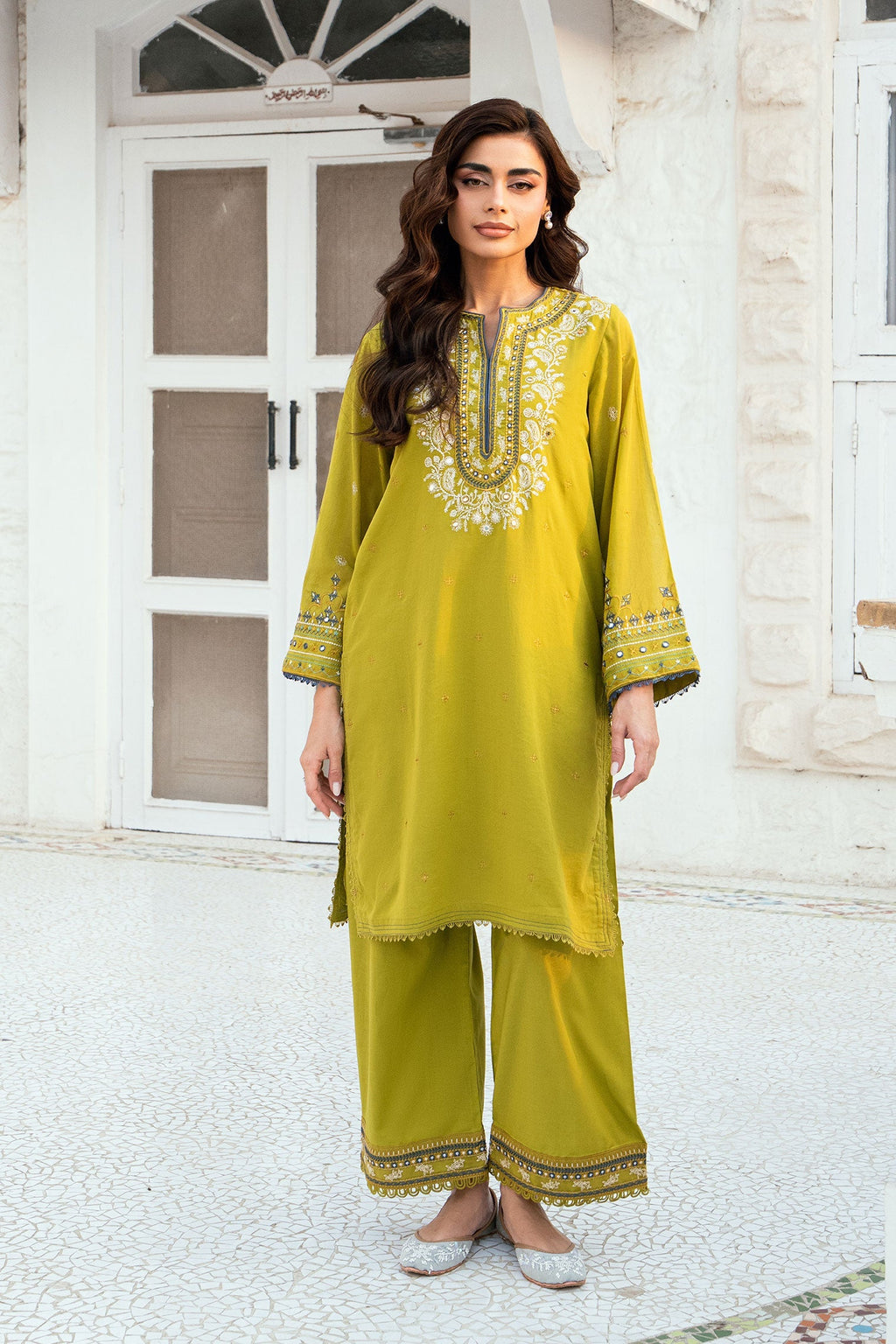 Dhanak | SWISS VOILE | OLIVE GREEN SWISS VOILE 2PCS EMBROIDERED KURTA WITH TROUSER