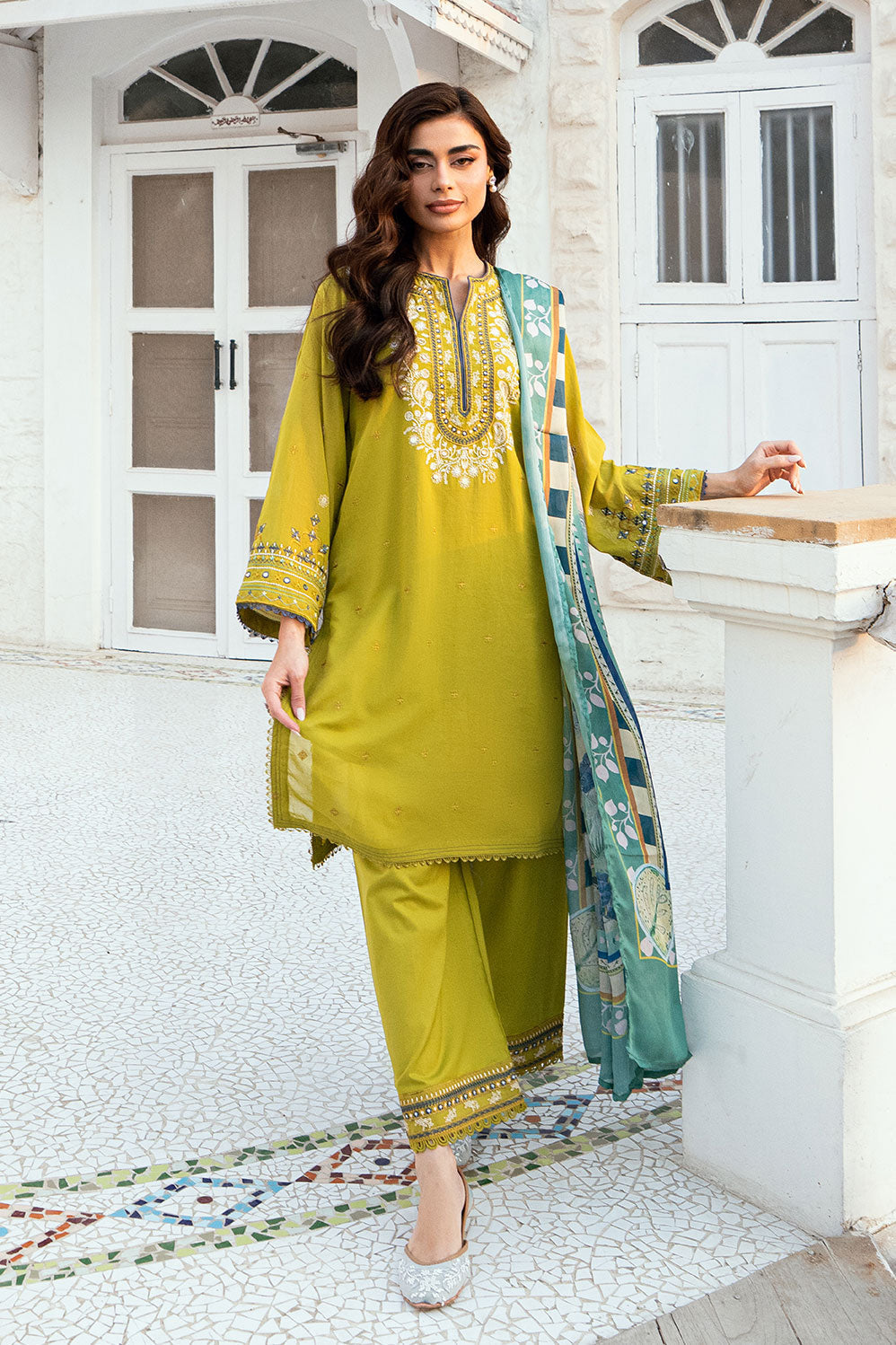 Dhanak | SWISS VOILE | OLIVE GREEN SWISS VOILE 2PCS EMBROIDERED KURTA WITH TROUSER