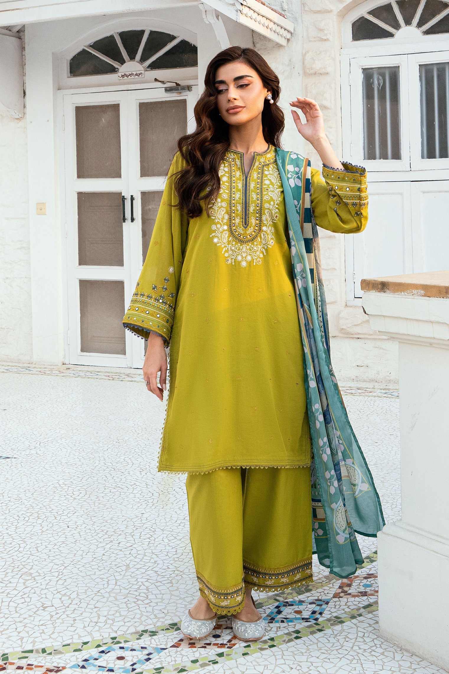 Dhanak | SWISS VOILE | OLIVE GREEN SWISS VOILE 2PCS EMBROIDERED KURTA WITH TROUSER