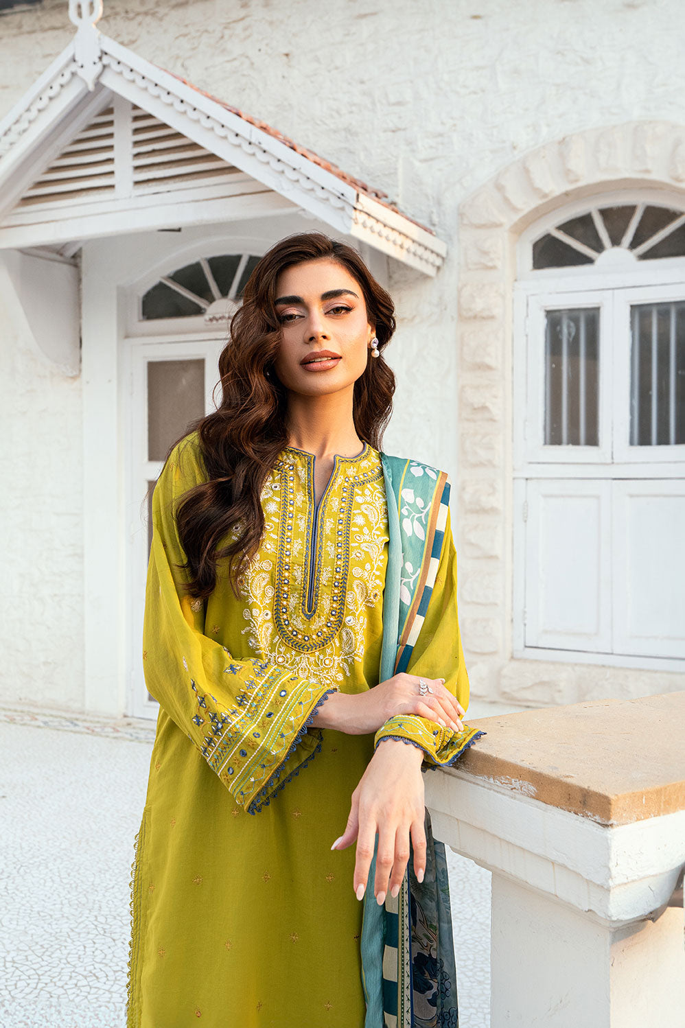 Dhanak | SWISS VOILE | OLIVE GREEN SWISS VOILE 2PCS EMBROIDERED KURTA WITH TROUSER