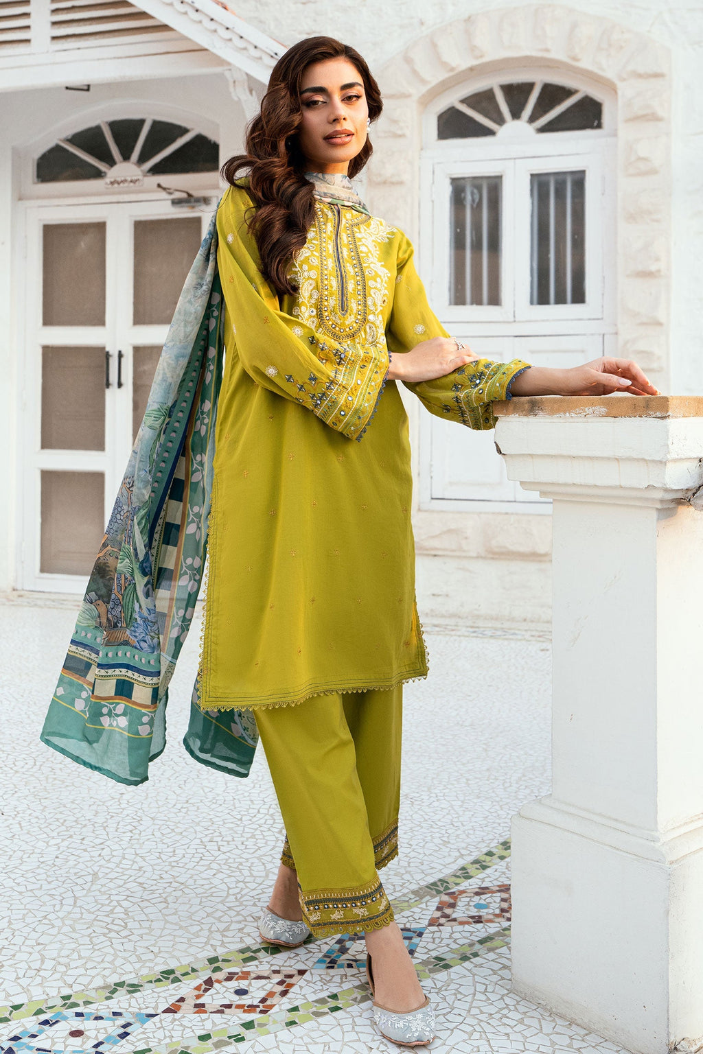 Dhanak | SWISS VOILE | OLIVE GREEN SWISS VOILE 2PCS EMBROIDERED KURTA WITH TROUSER