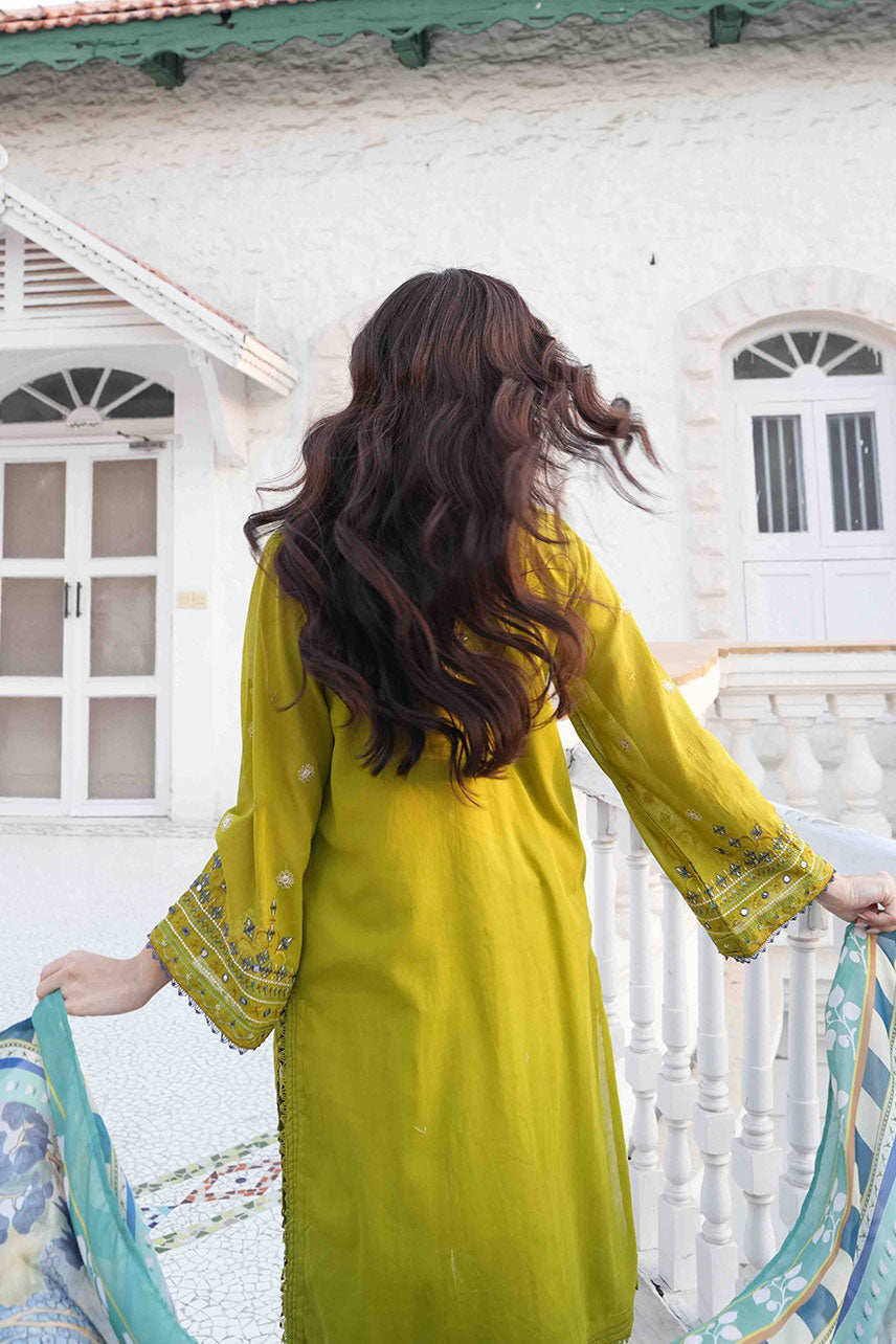 Dhanak | SWISS VOILE | OLIVE GREEN SWISS VOILE 2PCS EMBROIDERED KURTA WITH TROUSER