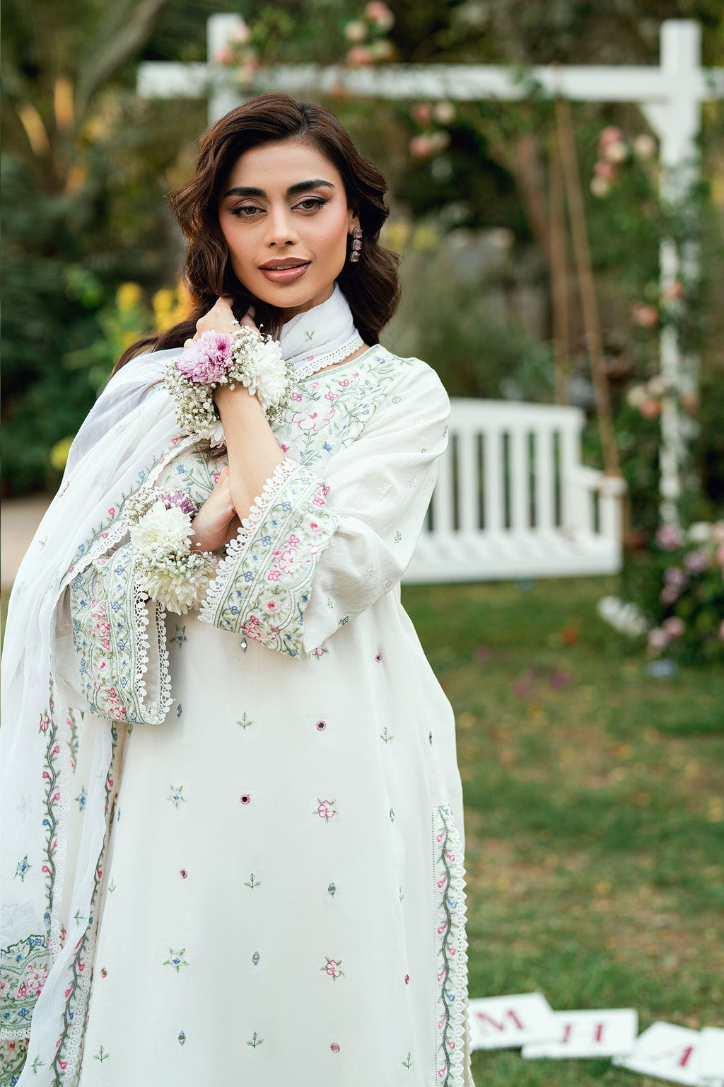 Dhanak | SWISS VOILE | OFF WHITE SWISS VOILE 2PCS EMBROIDERED KURTA WITH TROUSER