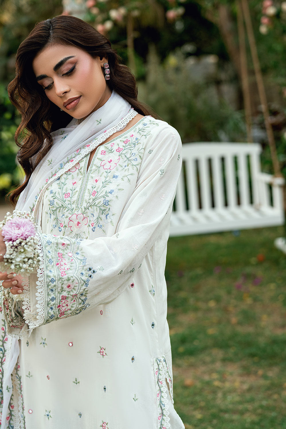 Dhanak | SWISS VOILE | OFF WHITE SWISS VOILE 2PCS EMBROIDERED KURTA WITH TROUSER