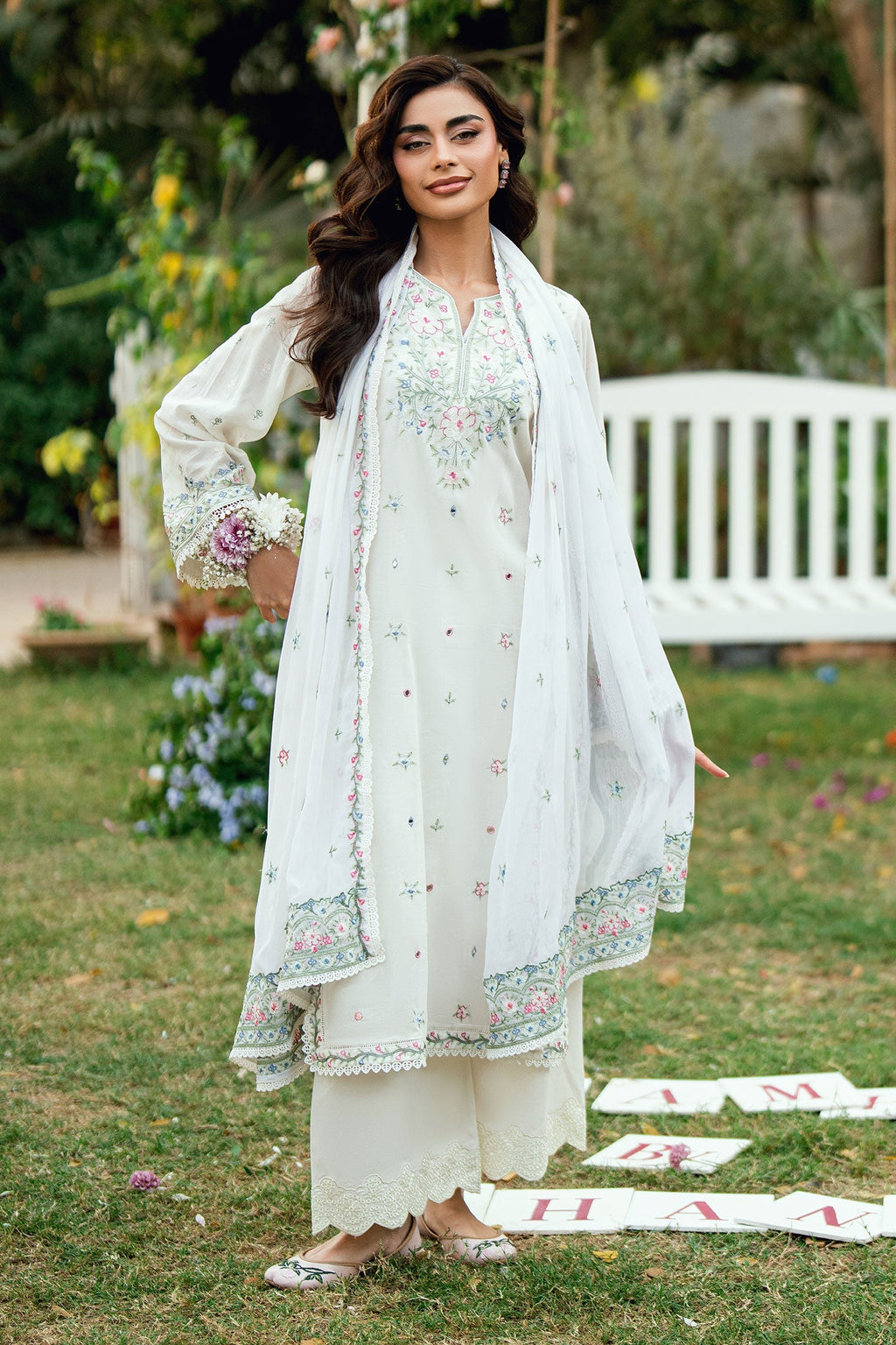 Dhanak | SWISS VOILE | OFF WHITE SWISS VOILE 2PCS EMBROIDERED KURTA WITH TROUSER