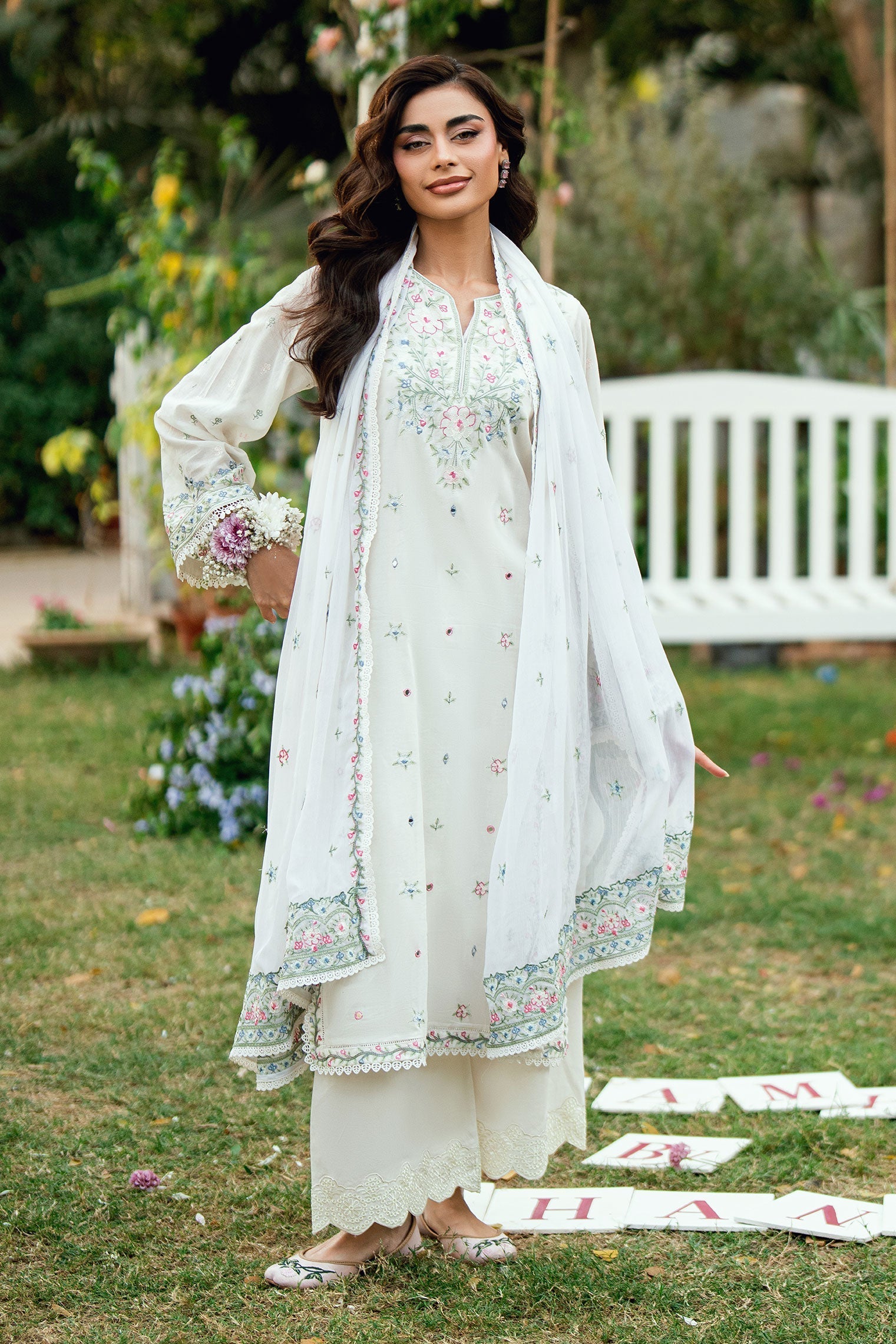 Dhanak | SWISS VOILE | OFF WHITE SWISS VOILE 2PCS EMBROIDERED KURTA WITH TROUSER