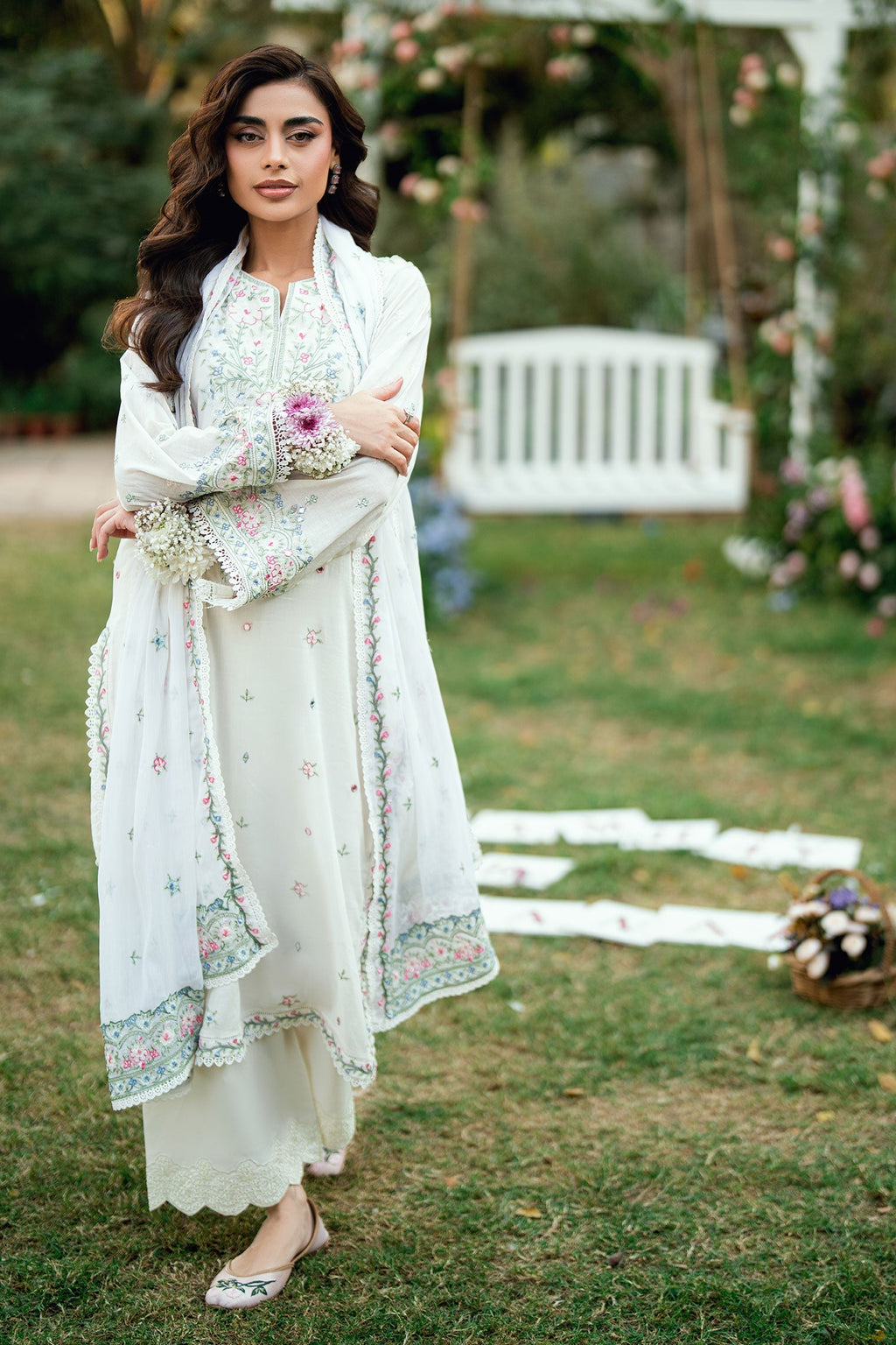 Dhanak | SWISS VOILE | OFF WHITE SWISS VOILE 2PCS EMBROIDERED KURTA WITH TROUSER