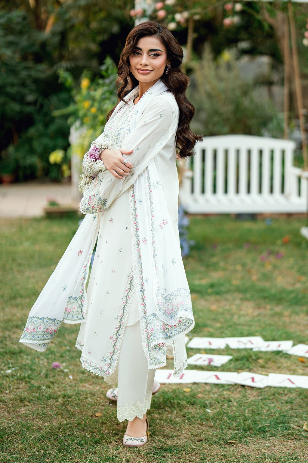 Dhanak | SWISS VOILE | OFF WHITE SWISS VOILE 2PCS EMBROIDERED KURTA WITH TROUSER