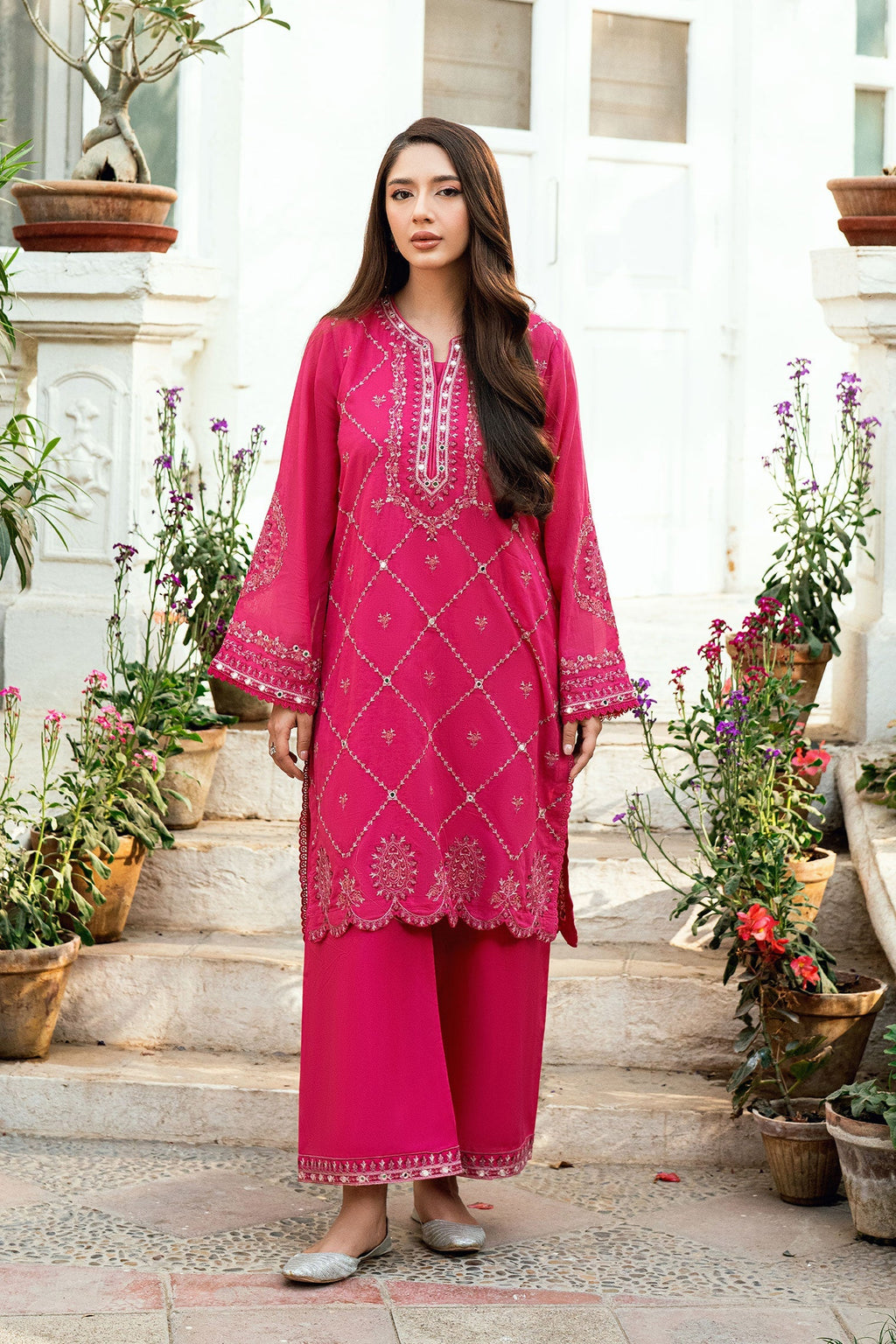 Dhanak | SWISS VOILE | PINK SWISS VOILE 2PCS EMBROIDERED KURTA WITH TROUSER