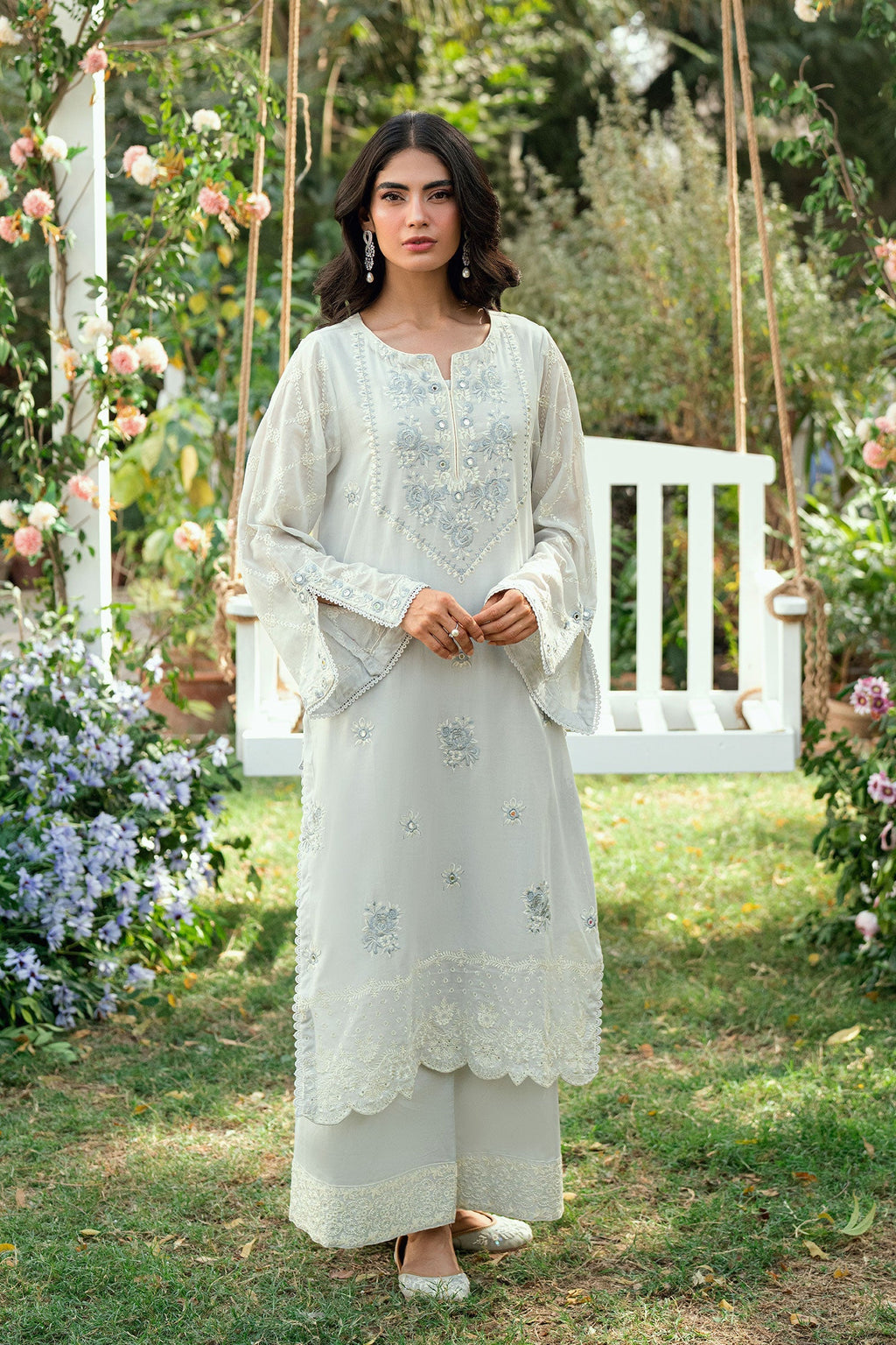 Dhanak | SWISS VOILE | GREY SWISS VOILE 2PCS EMBROIDERED KURTA WITH TROUSER