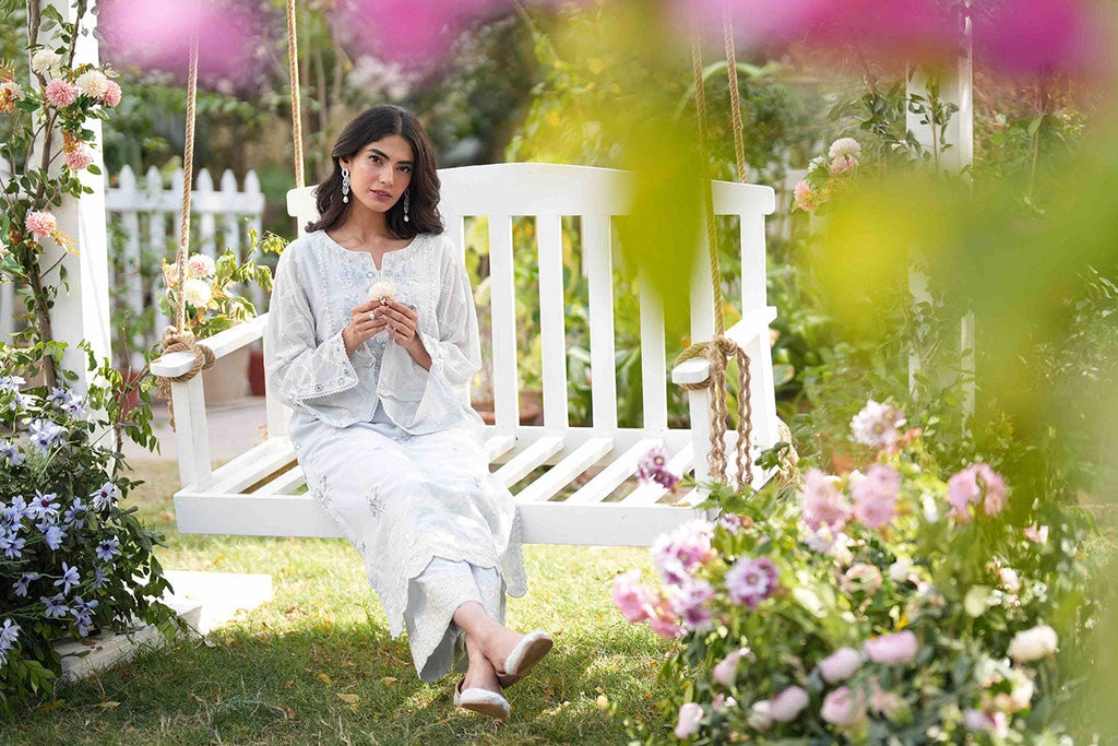 Dhanak | SWISS VOILE | GREY SWISS VOILE 2PCS EMBROIDERED KURTA WITH TROUSER