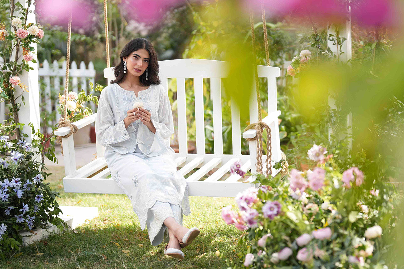Dhanak | SWISS VOILE | GREY SWISS VOILE 2PCS EMBROIDERED KURTA WITH TROUSER