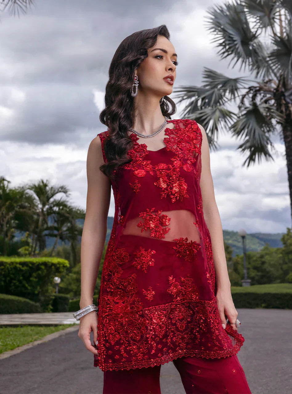 Zainab Chottani Embroidered Organza 3Pc Suit D-09 Ruby Luxe