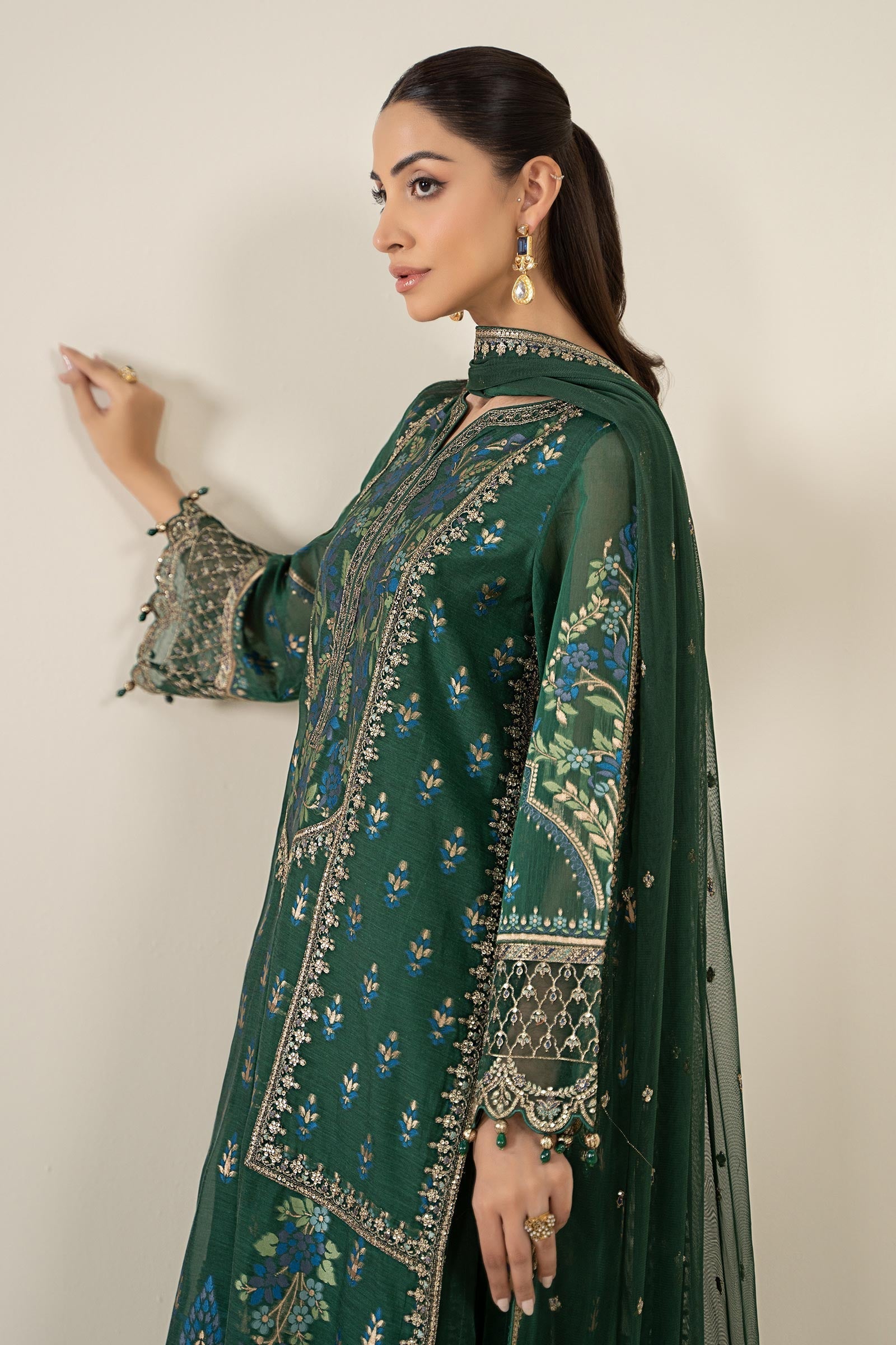 Maria B | Pre Fall Dresses | 3 Piece Embroidered Jacquard Suit Dark Teal Green