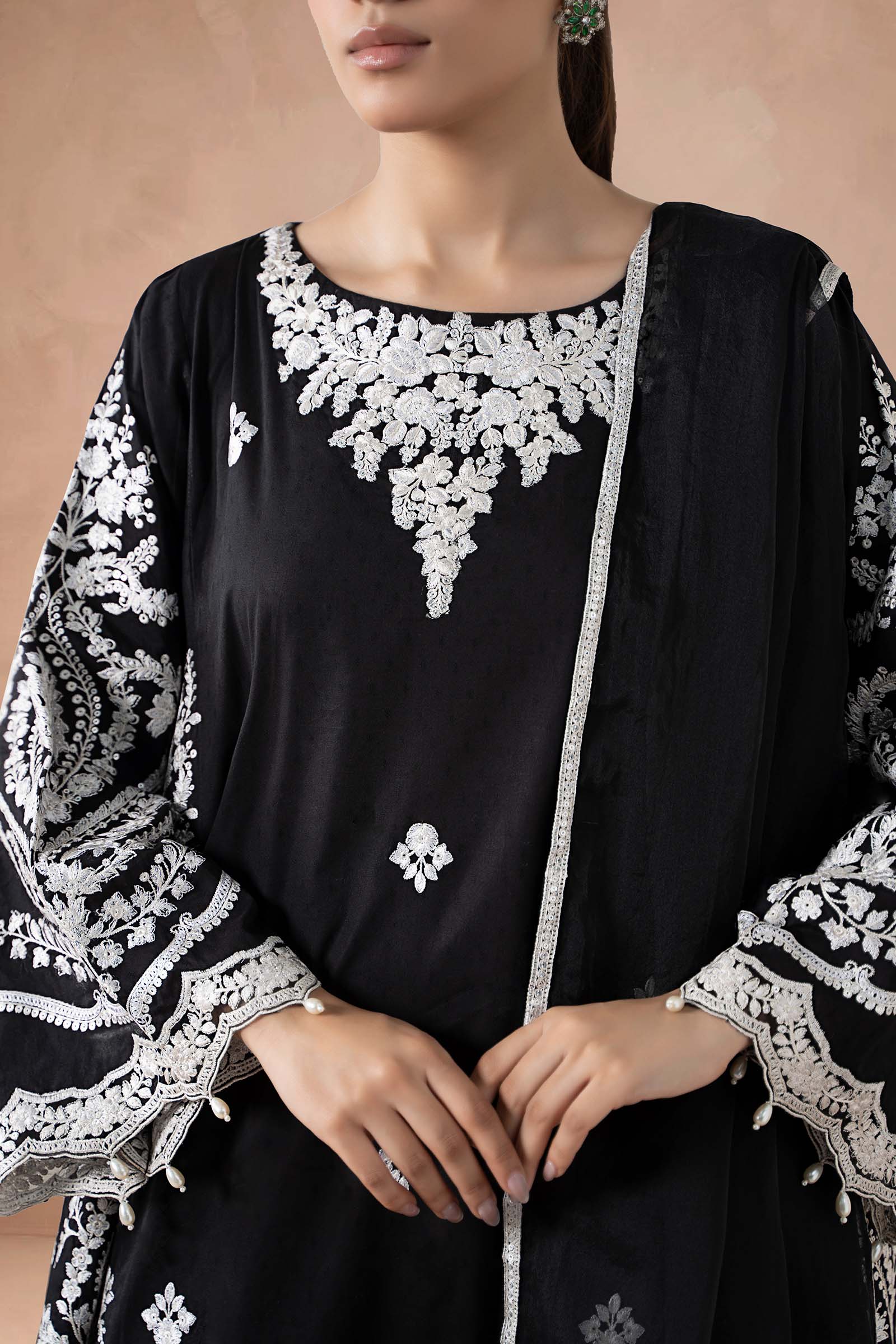 Maria B | Pre Fall Dresses  | 3 Piece Embroidered Self Jacquard Suit Black