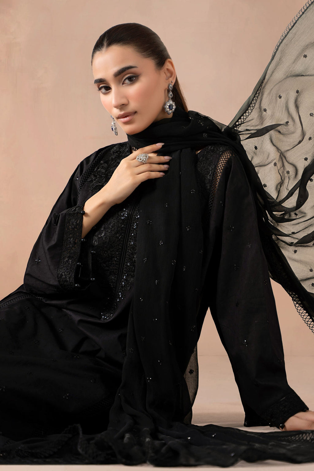 Maria B | Pre Fall Dresses | 3 Piece Embroidered Self Jacquard Suit Black1