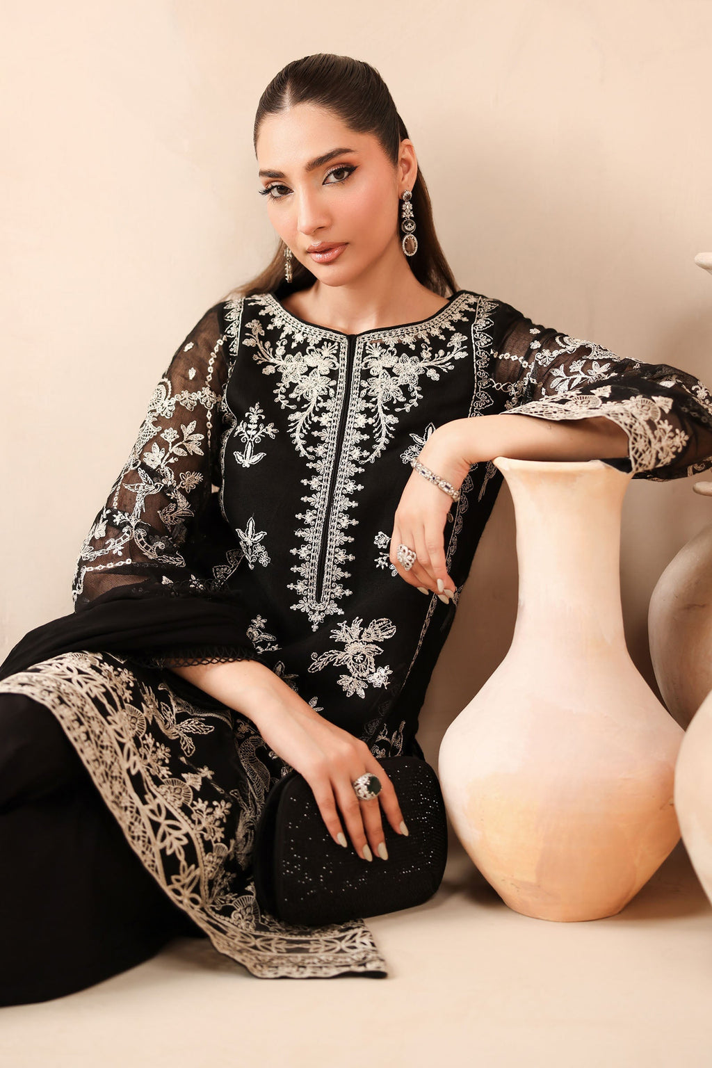 Maria B | Pre Fall Dresses | 3 Piece Embroidered Cotton Net Suit Black