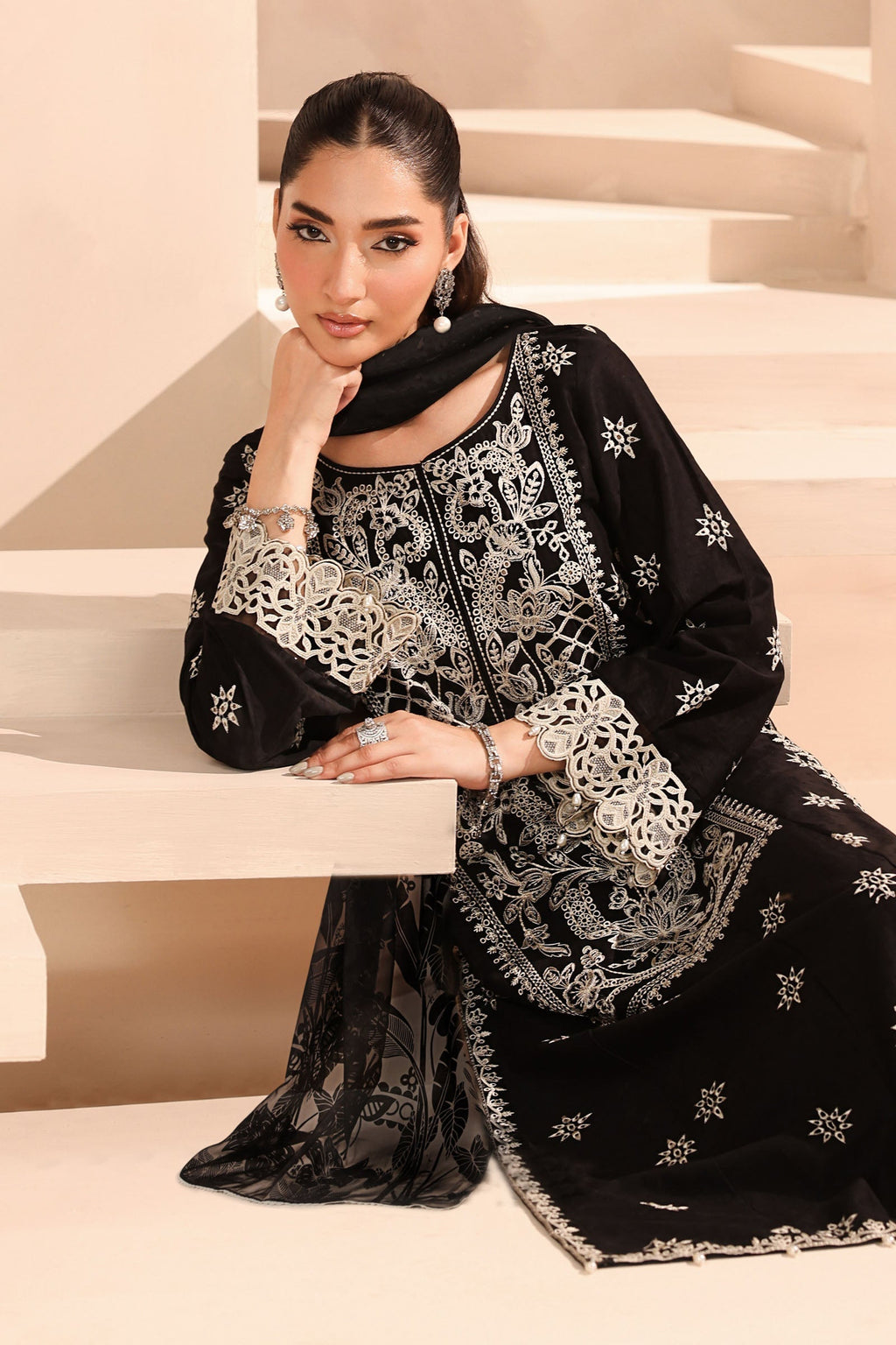 Maria B | Pre Fall Dresses | 3 Piece Embroidered Dobby Suit Black