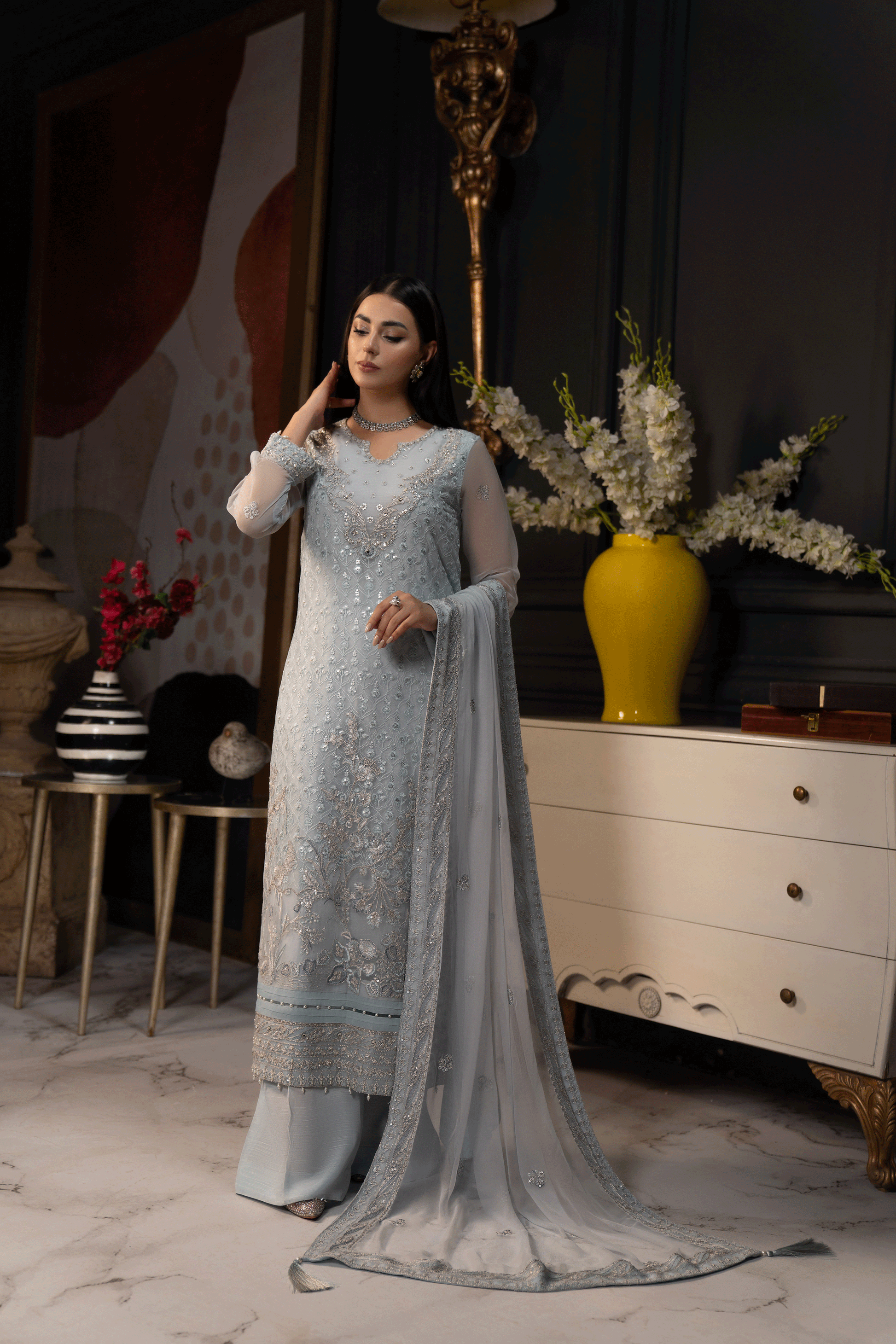 SIFA Valentino Embroidered Chiffon 3 Piece Suit - Daisy - Riwayat-e-khas