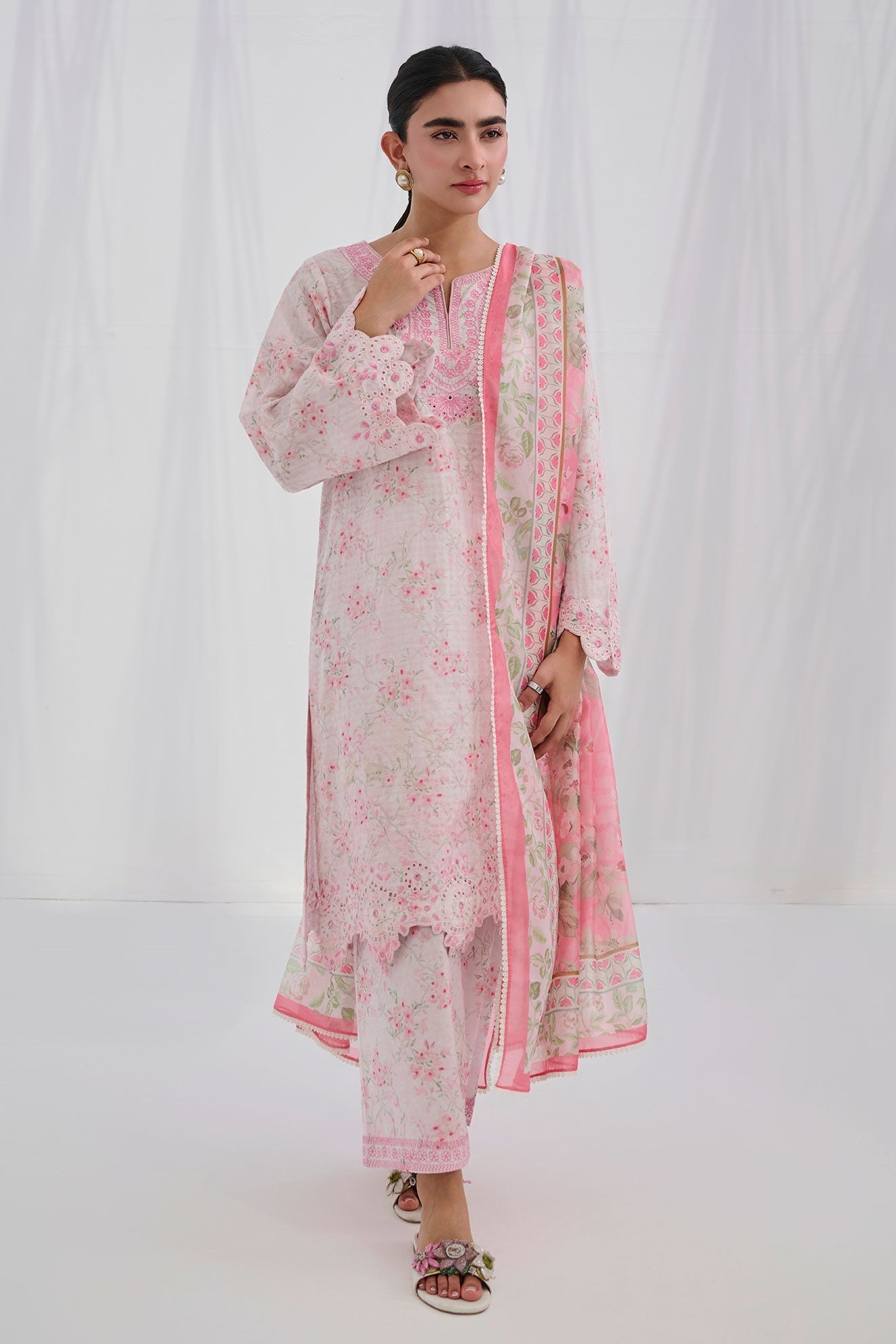 Dhanak | Casual Pret | PINK COTTON JACQUARD 2PCS EMBROIDERED KURTA WITH TROUSER