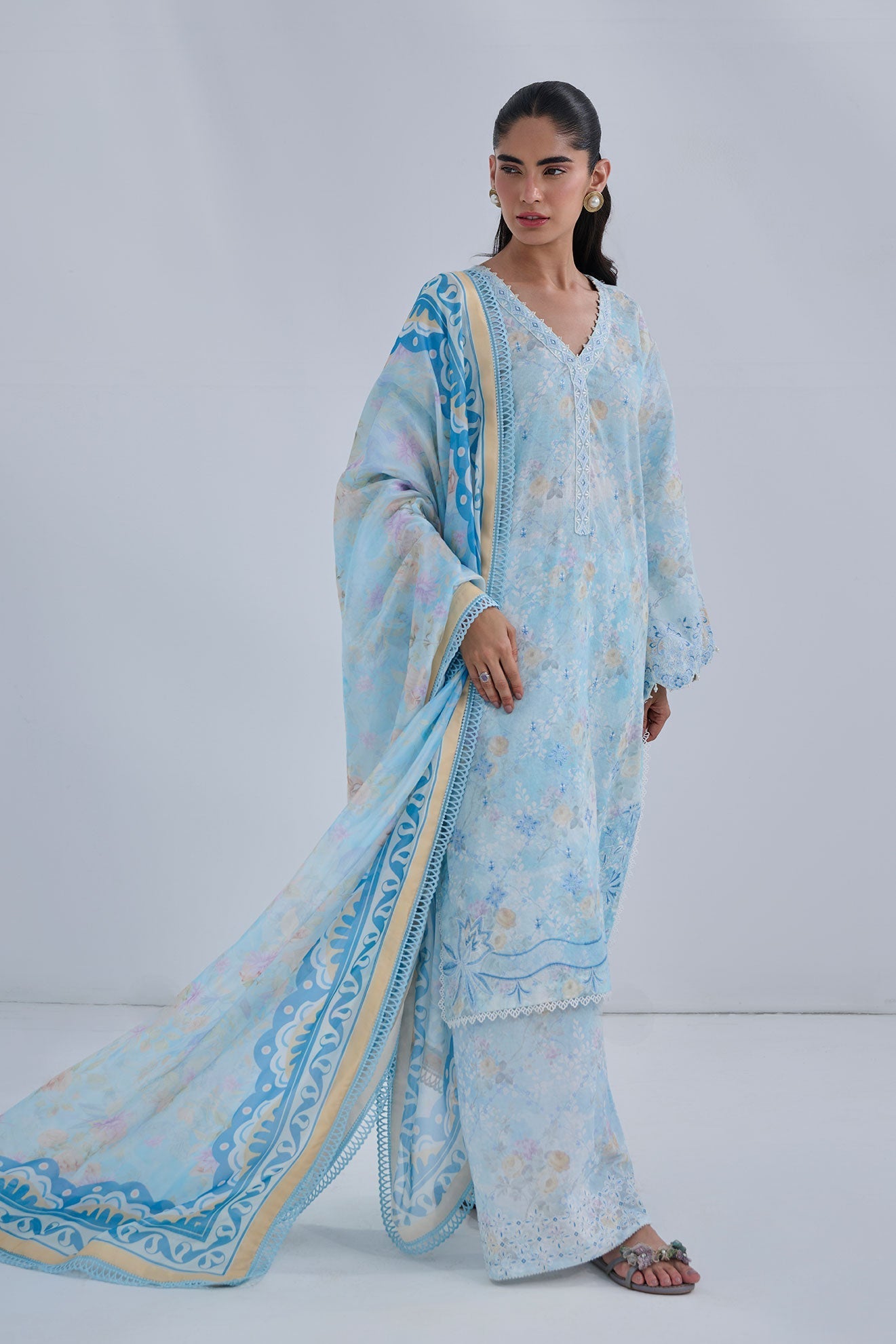 Dhanak | Casual Pret | SKY BLUE COTTON JACQUARD 2PCS EMBROIDERED KURTA WITH TROUSER