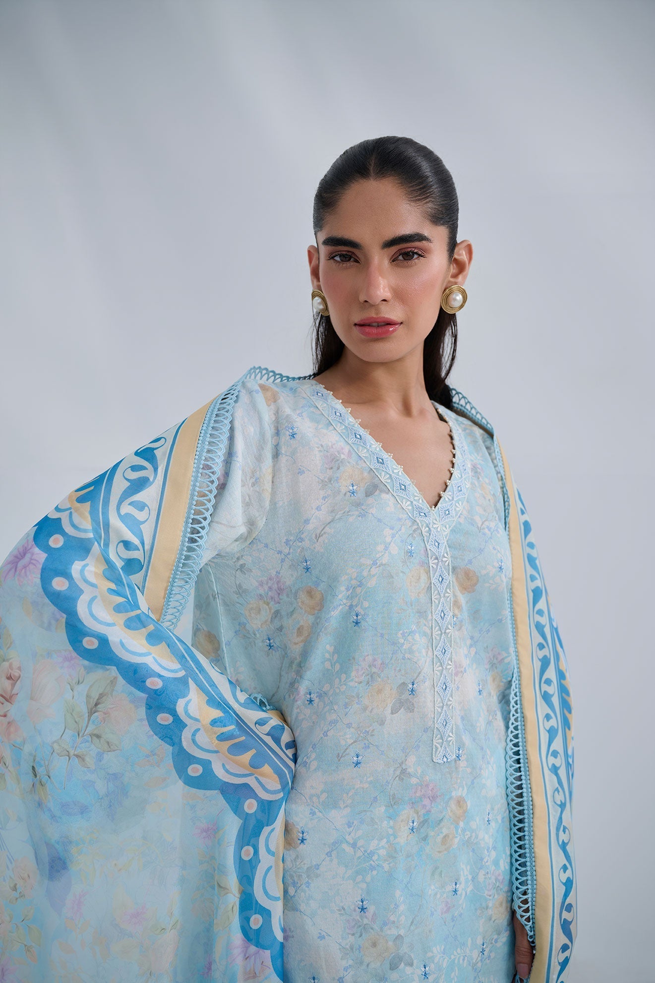 Dhanak | Casual Pret | SKY BLUE COTTON JACQUARD 2PCS EMBROIDERED KURTA WITH TROUSER