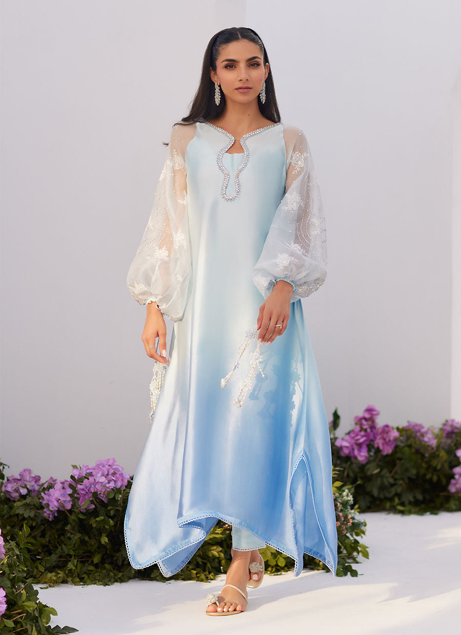 Farah Talib Aziz | Zaza Luxe Pret 24 | BOW OMBRE BLUE EMBELLISHED KAFTAN CUT SHIRT - House Of Anaya